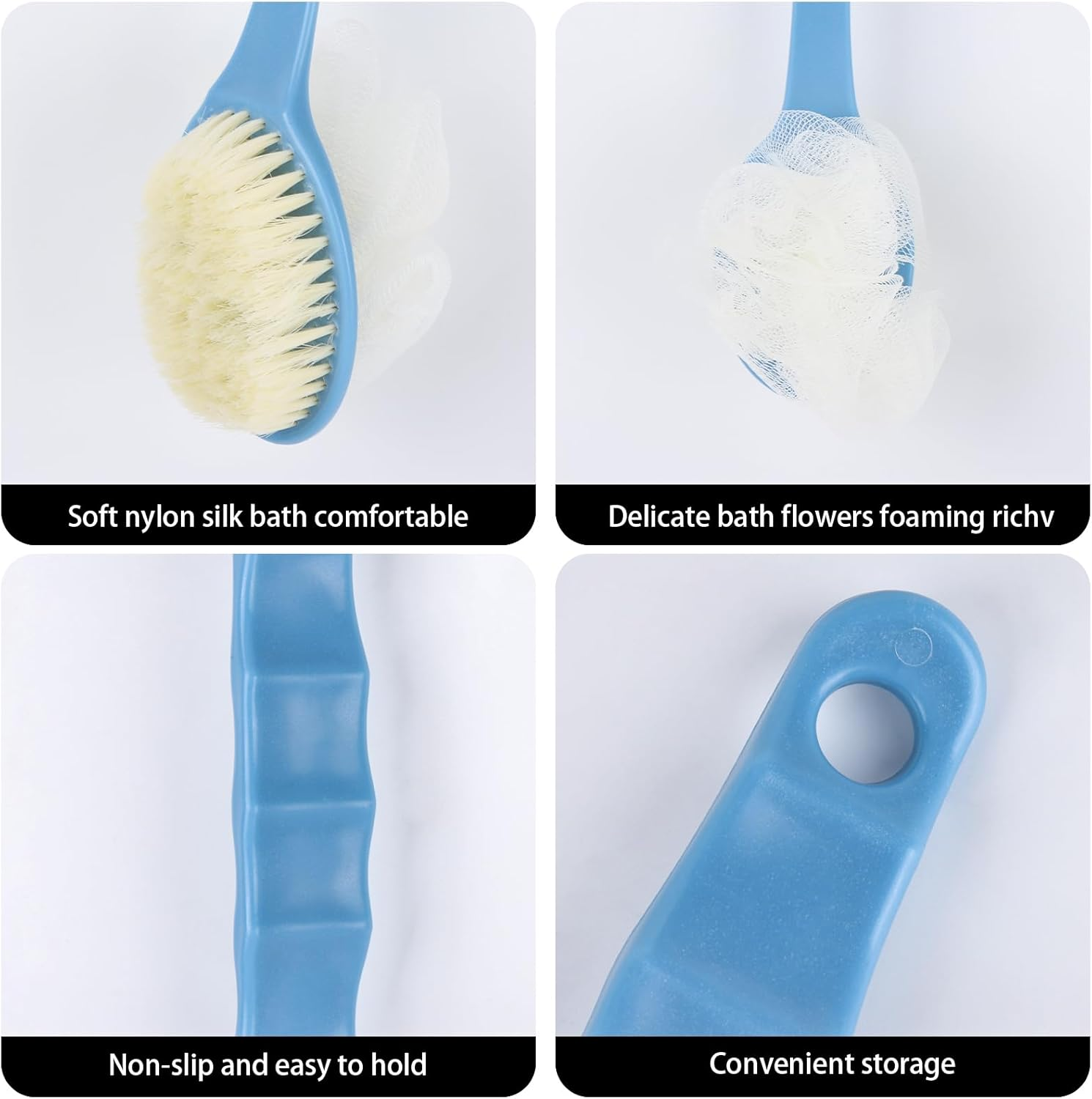 Long Handle Body Shower Brush with Soft Bristle and Exfoliating Loofah Bath Sponge - 13.4 Inches Blue Back Scrubber for Adults Bathroom Accessories image number 4