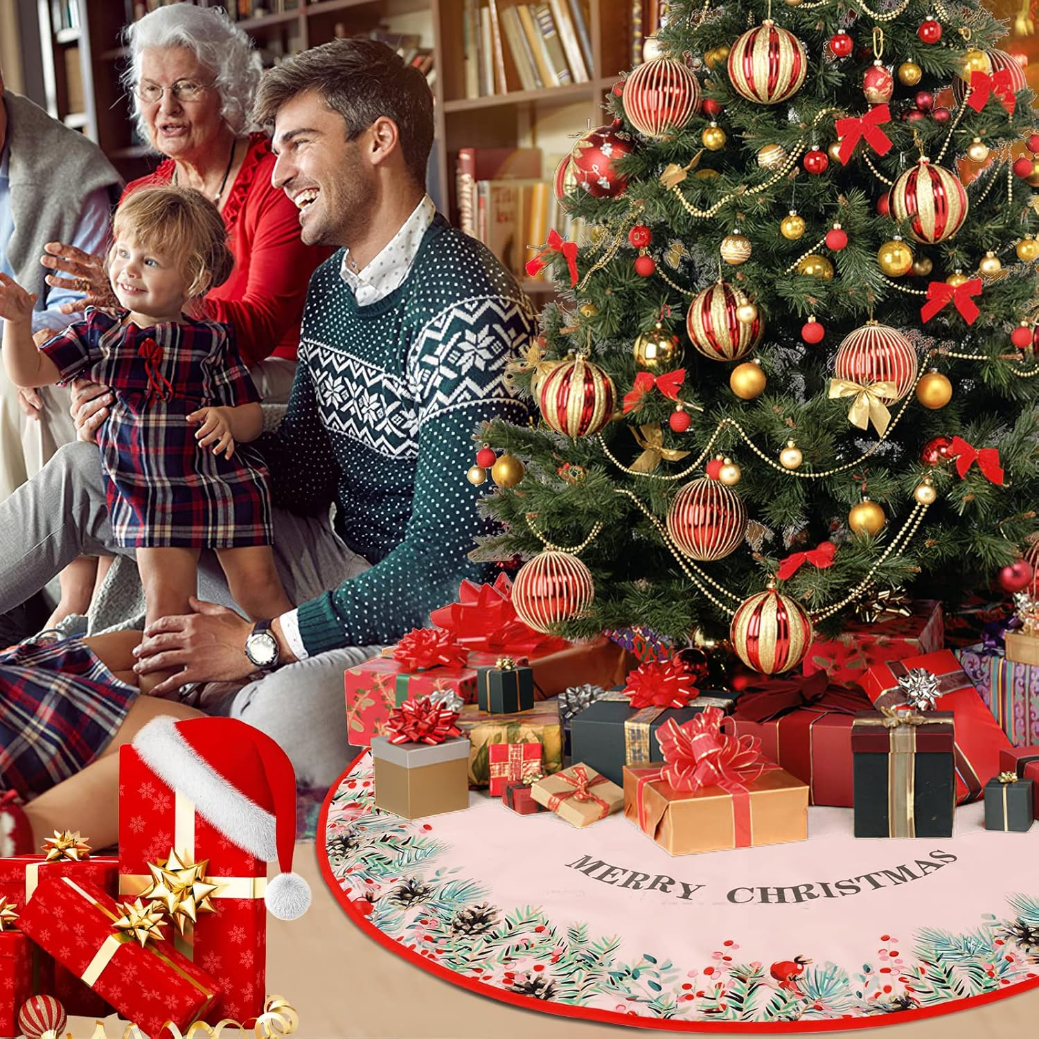 Abeillo 36 Inch Christmas Tree Skirt Red Christmas Tree Base Cover, Xmas Tree Skirt Mat for Merry Christmas Tree Decorations (90 Cm) image number 3