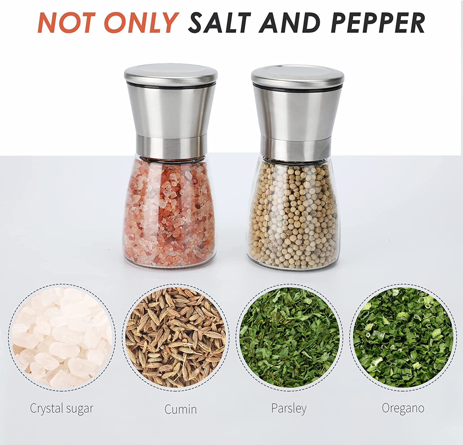 Salt and Pepper Grinder Set - Refillable Grinder Adjustable Coarseness of Pepper Salt Spice Stainless Steel Mills Glass 6Oz（2 Pack） image number 6