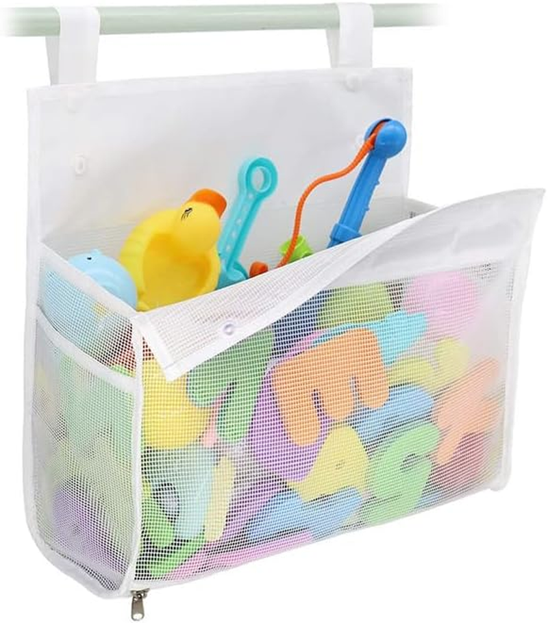 Waterproof Mesh Bath Toy Organizer & Storage Bag with Suction Cups - Durable Hanging Bath Toy Holder for Kids, Quick-Dry Bathroom Toys Organiser (White) image number 6
