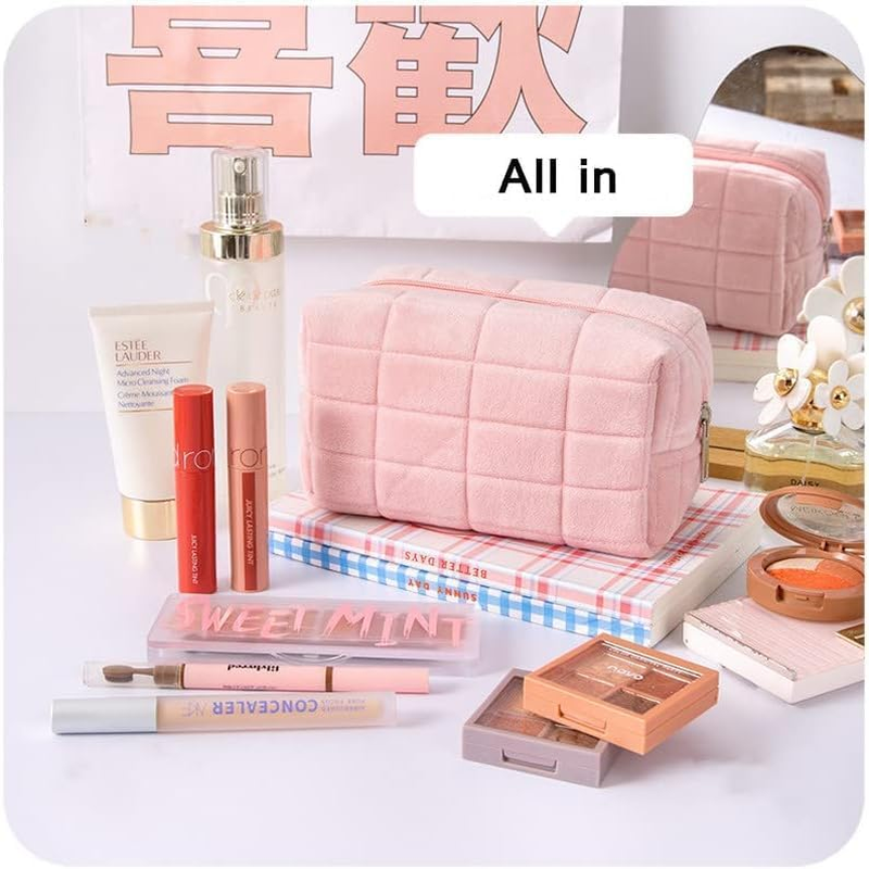 Plush Makeup Bag Cosmetic Bag for Women,Zipper Large Solid Color Travel Toiletry Bag Travel Make up Toiletry Bag Washing Pouch, Pink image number 3