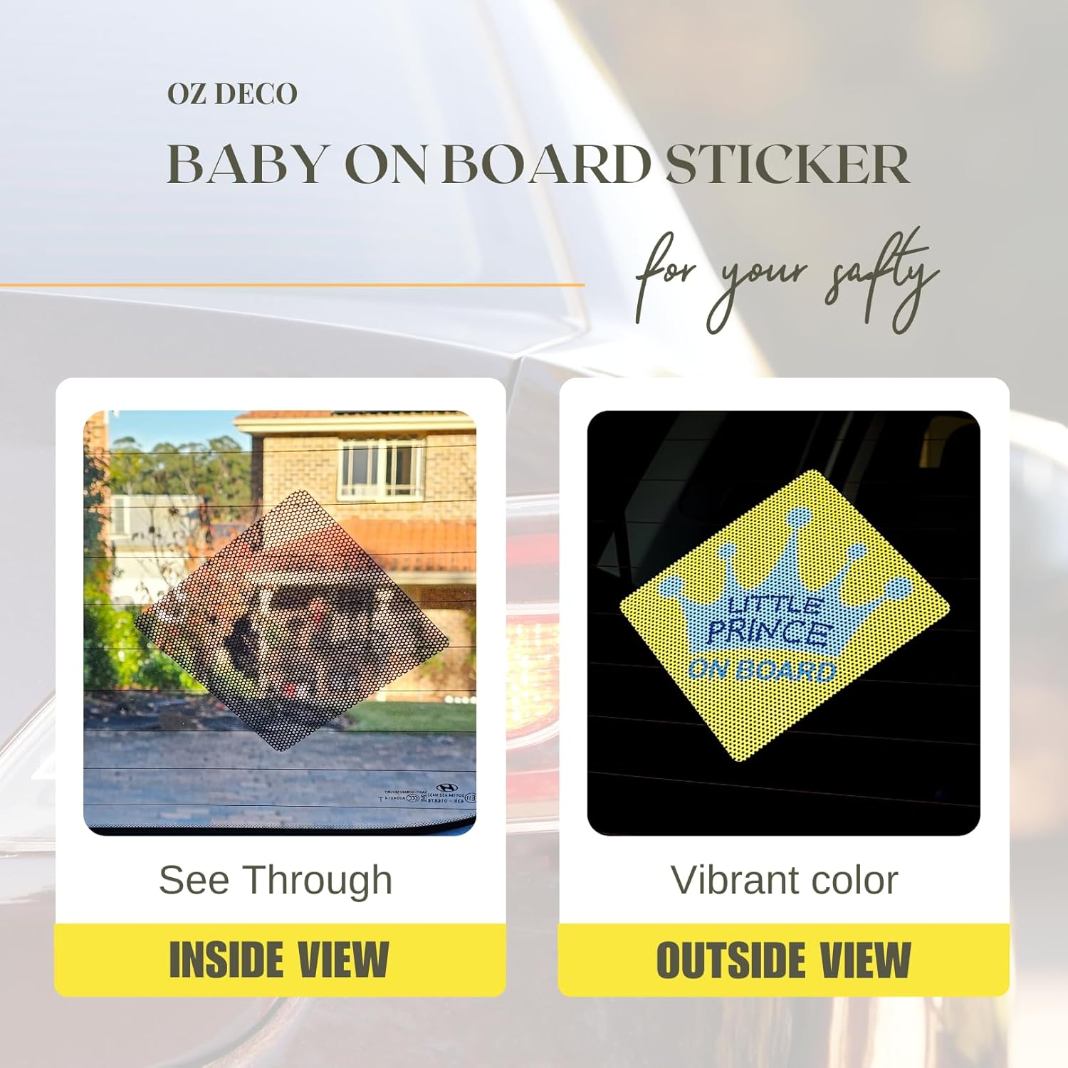 Baby on Board Car Sticker, Little Prince on Board Perforated Car Decal, See-Through Safety Sign, Strong Adhesive, High Visibility Yellow Design, Ideal for Family Vehicles (2-Pack) (Yello/Blue) image number 6