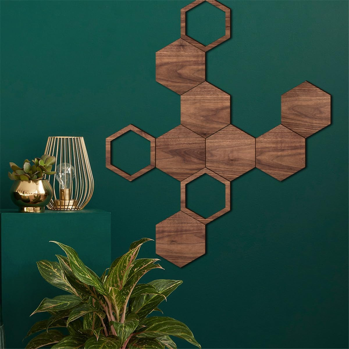 Wooden Hexagon Wall Decor - 10 Pcs Creative Wood Wall Panels, Self Adhesive Hexagon Wall Decals for Living Room, TV Background, Bedroom, DIY Home Decoration image number 6