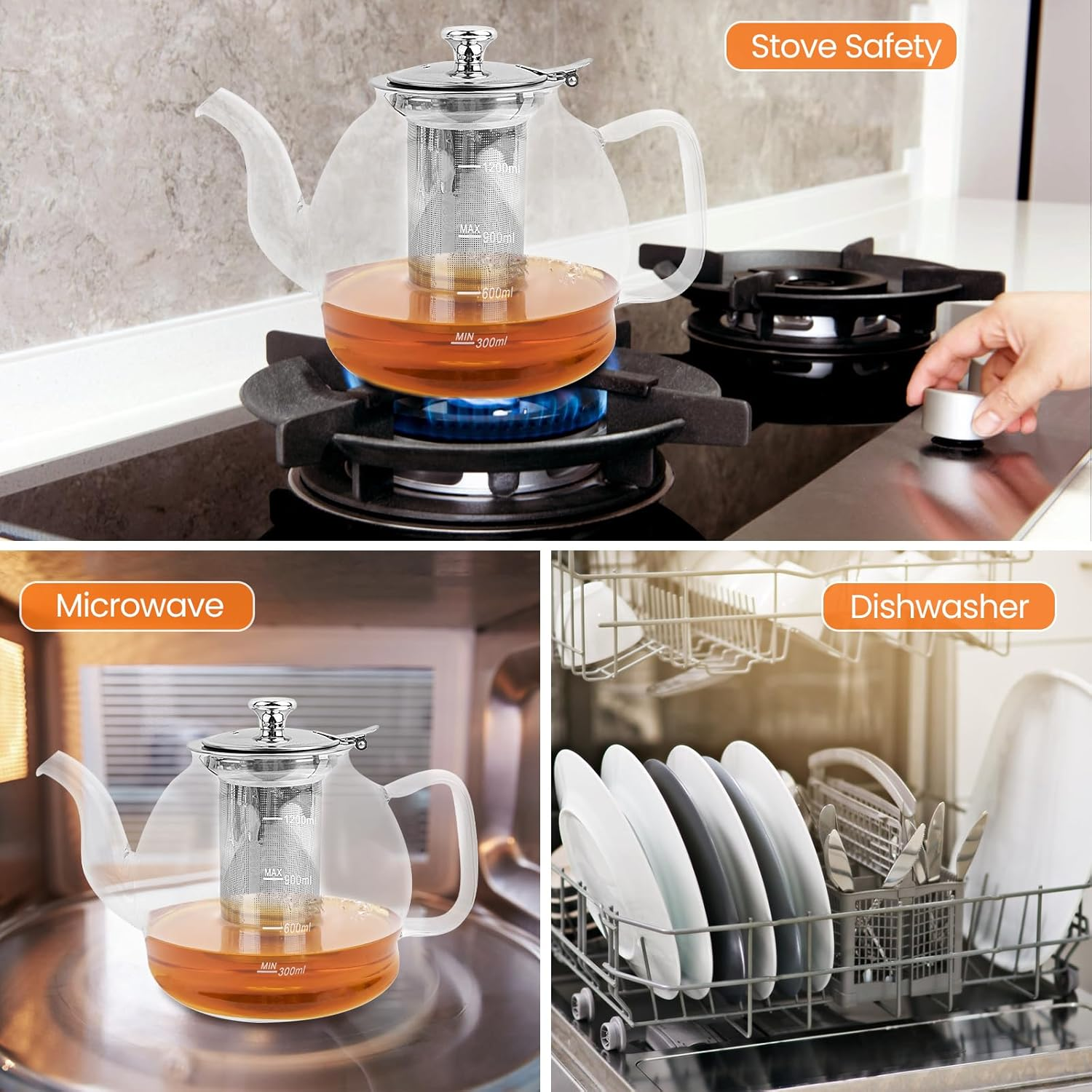 1200Ml Glass Teapot Set - Stovetop Safe with Removable Infuser, 4 Cups - for Loose Leaf & Flowering Tea, Compatible with Stove & Induction image number 2