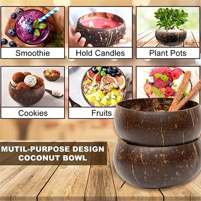 AIMALL 2PCS Natural Coconut Shell Bowls, Handcrafted Tableware for Rice, Desserts, Fruits, and Salads image number 1