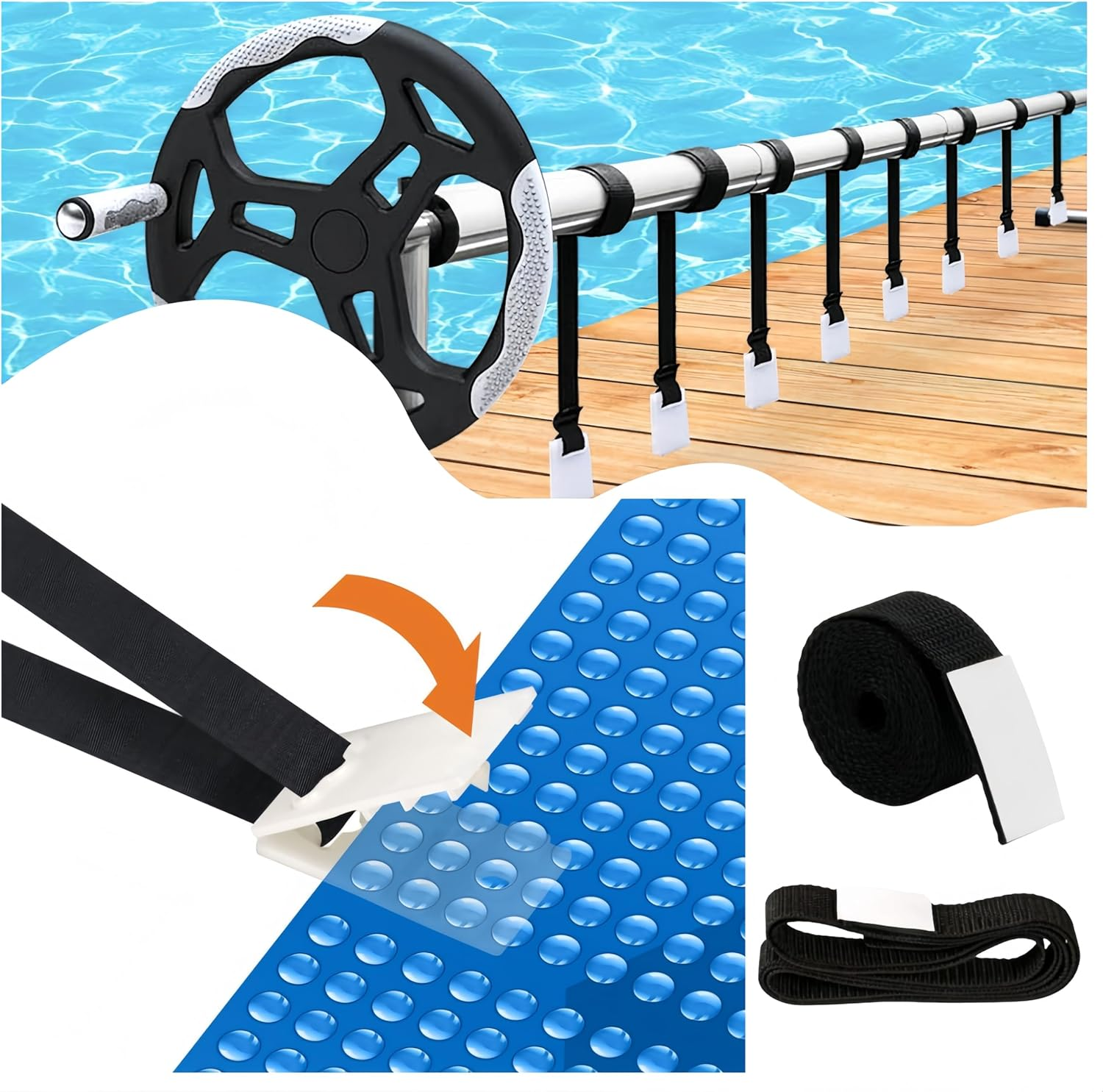 Pool Solar Cover Reel Attachment Kit, 8Pcs Solar Reel Plate Buckle, Swimming Pool Cover Roller Attachment Straps Gear Belt Kit for Inground Pools (Black)