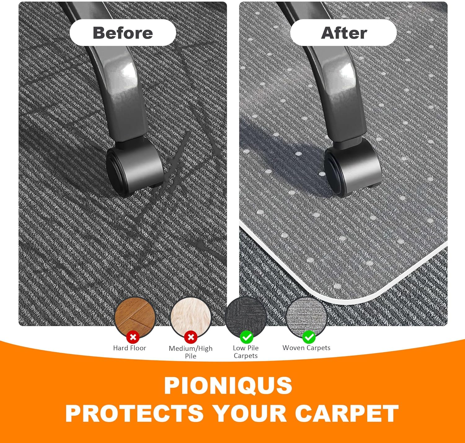 Office Chair Mat for Carpeted Floors 90X120Cm, Low to Medium Pile, PIONIQUS Heavy Duty Carpet Protector for Office Gaming Desk Chair, Transparent Thick Desk Chair Mat for Carpets(Not for Hard Floor) image number 2