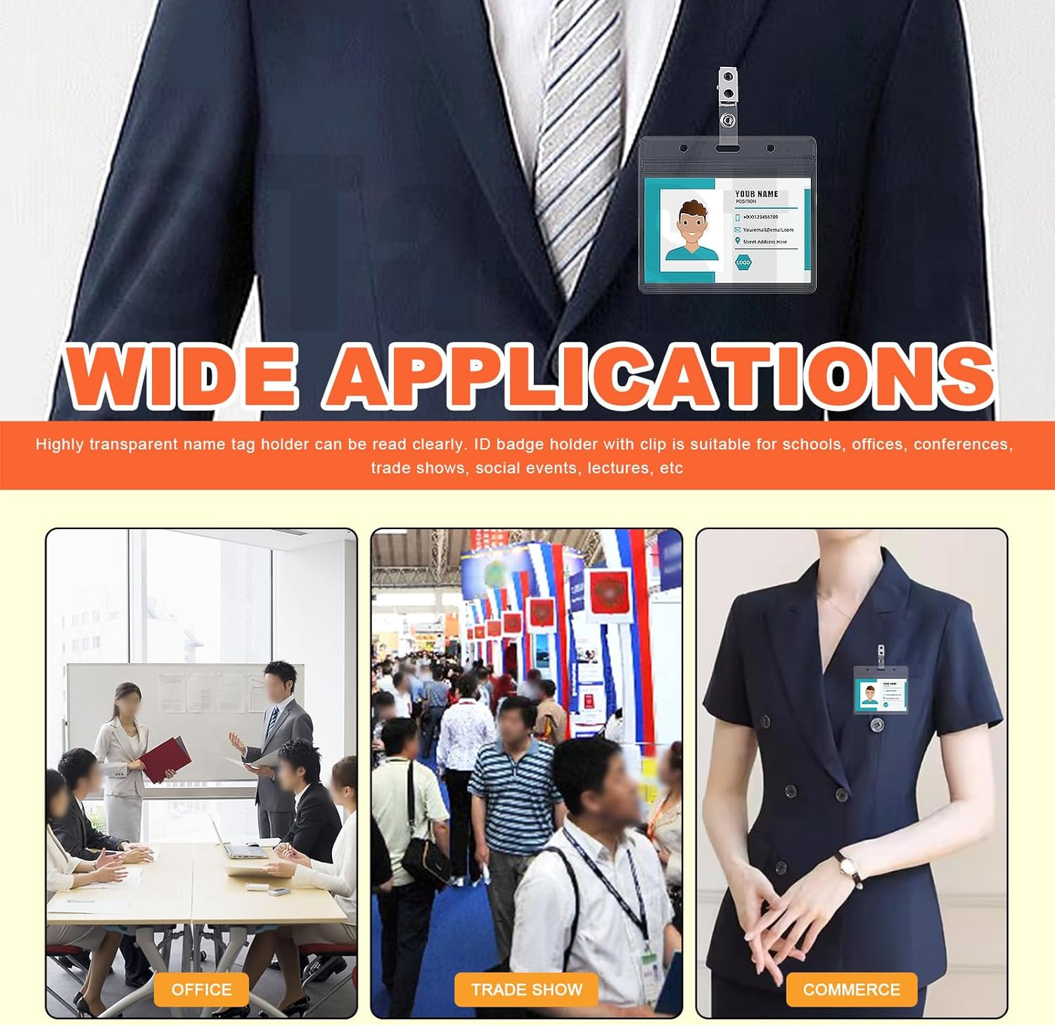 Tanstic 50Pcs Metal Badge Clips with Clear PVC Straps, Name Tag Clips, Double Hole ID Badge Clip, Badge Strap Clip ID Card Clip for ID Cards, Badge Holders, Name Tags image number 3