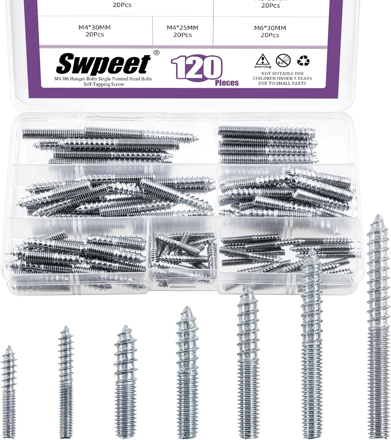 Swpeet 120Pcs 7 Sizes Color Zinc Hanger Bolts Assortment Kit, Double Headed Bolts, Self-Tapping Screw Hanger Bolts, Dowel Screw Bolts Threaded Rods Bolt Furniture Screws for Wood Furniture Joint image number 1
