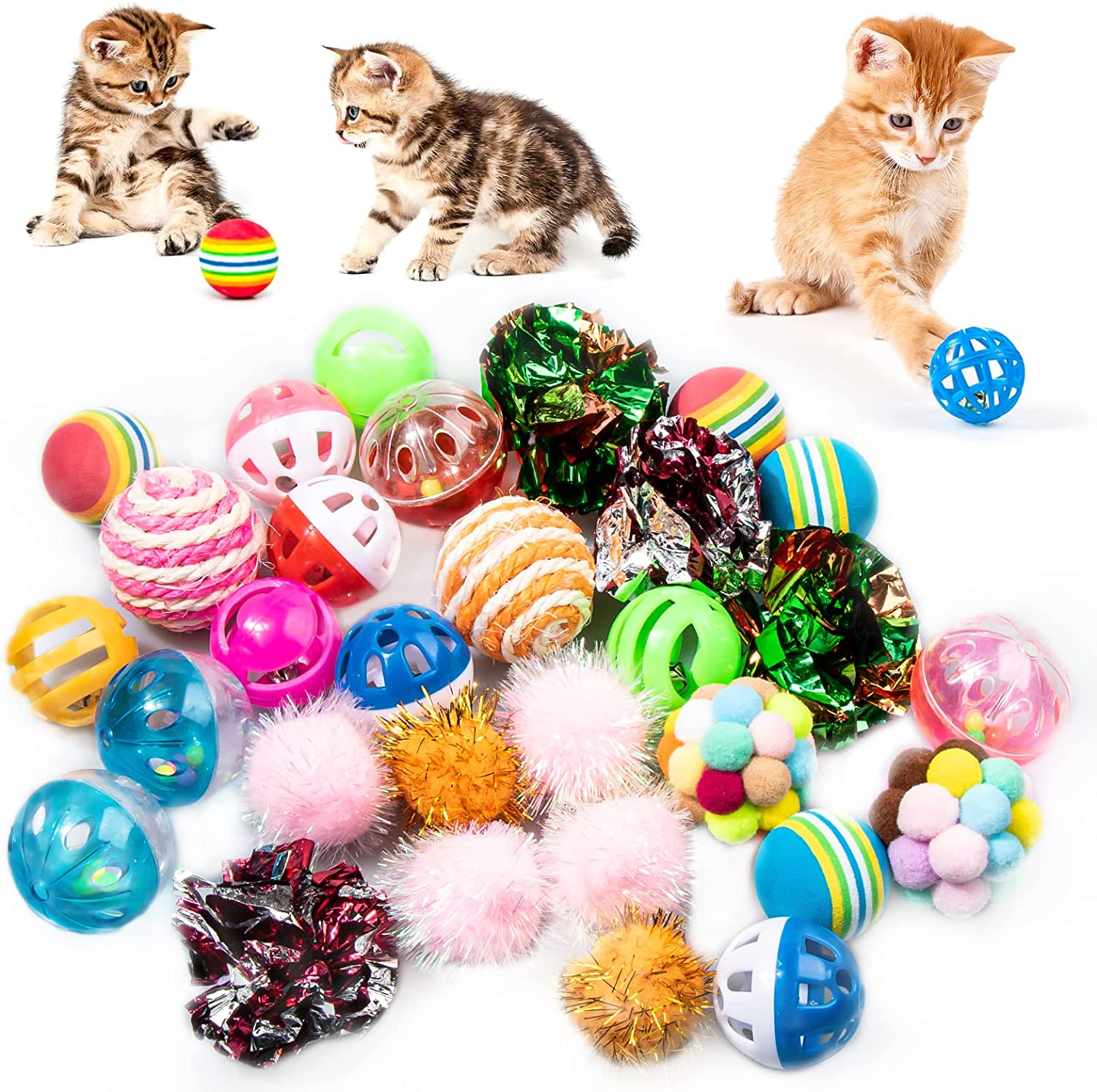 VAPKER 30Pcs Cat Ball Toys Kitten Chew Toys Balls with Bell, Rainbow, Sparkle, Crinkle, Sisal, Pom Pom for Indoor Cats
