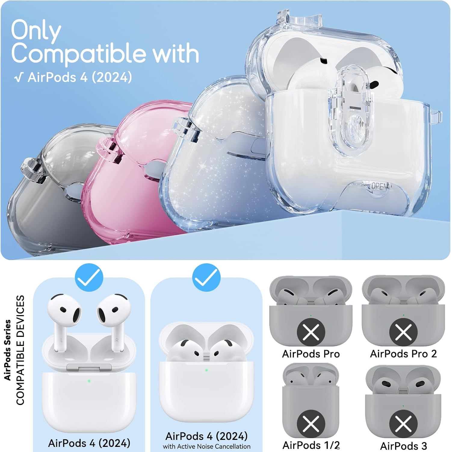 For Airpods 4 Case Cover（2024） with Lock & Phone Stand,Soft TPU Transparent Protective Case for Airpod 4Th Anc（Active Noise Cancellation） for Women&Man with Cleaning Kit and Keychain