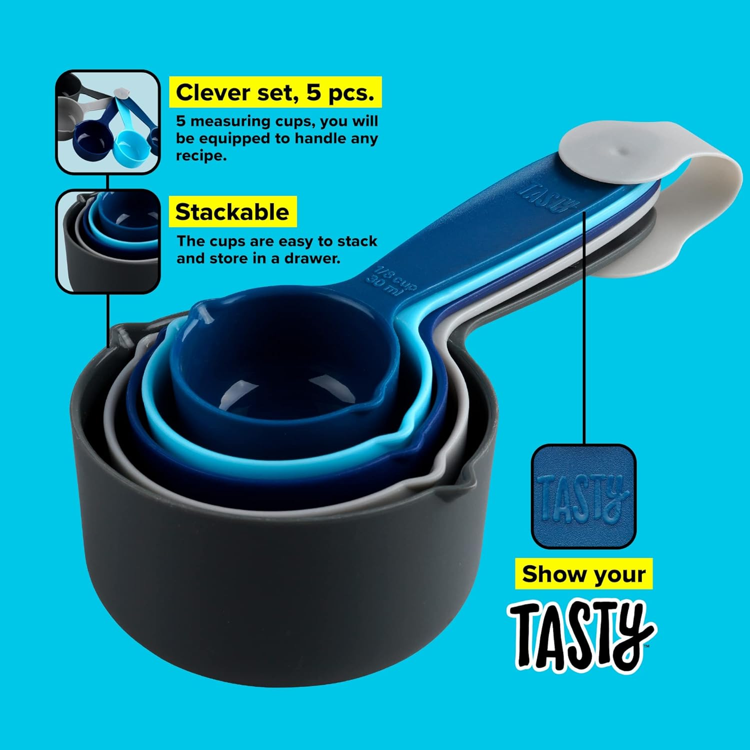 Tasty 5-Piece Measuring Cups Set for Baking, Nesting Plastic Cups, Light Blue, Blue, Grey - 1/8, 1/4, 1/3, 1/2, 1 Cup - Blue/Grey image number 5