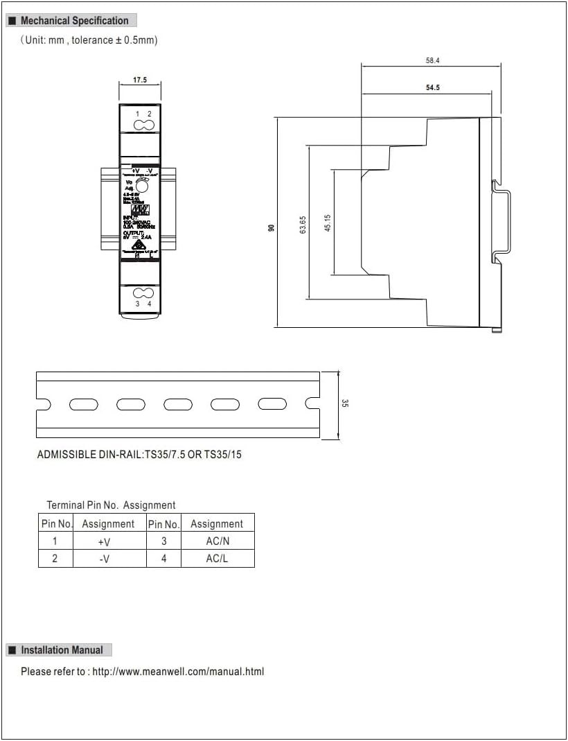 HDR-15-24 Genuine Mean Well DIN Rail Power Supply 24V 0.63A 15W - 24V image number 3