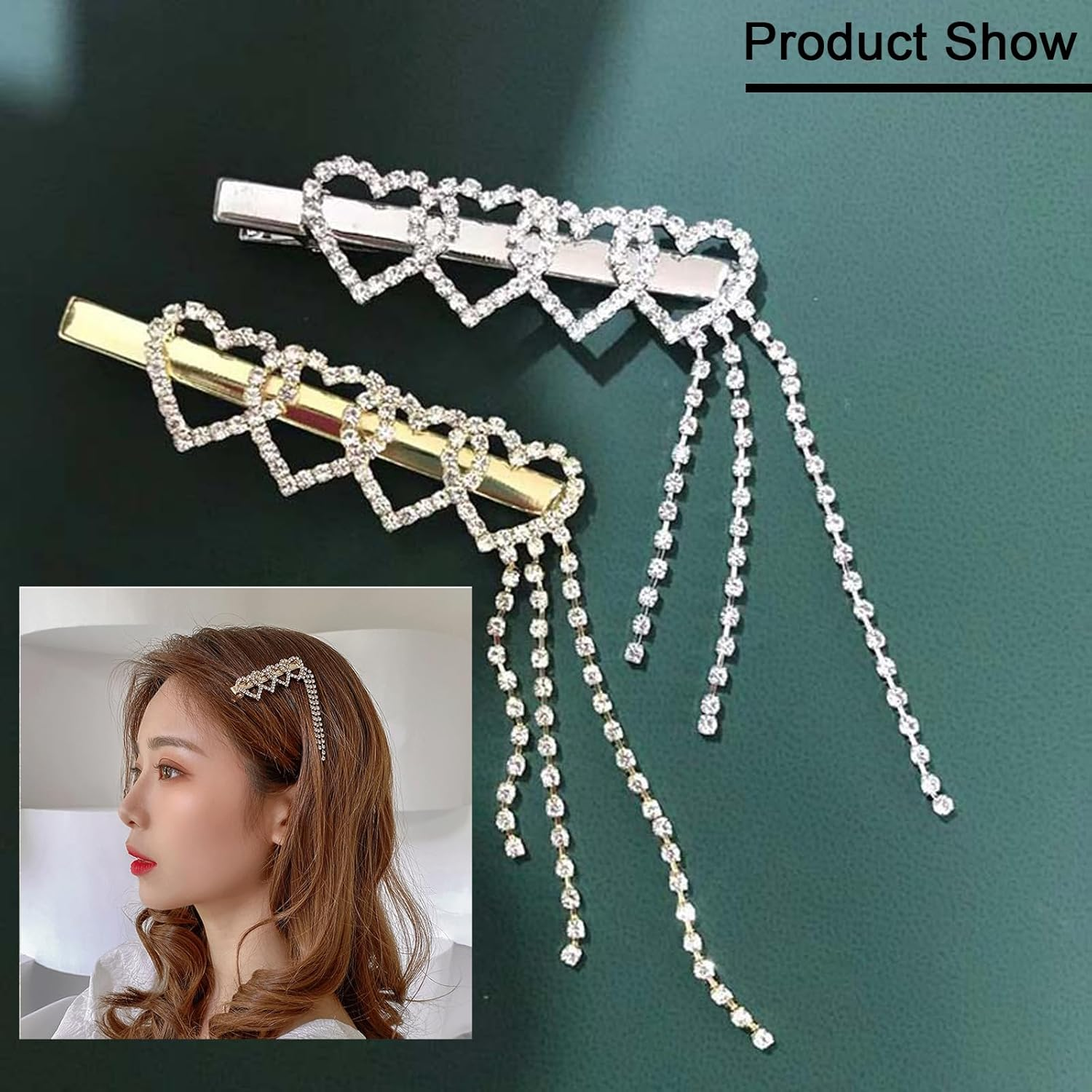 2 PCS Love Tassel Metal Hair Clips Rhinestone Hair Clips Chain Hair Clips Side Bangs Hair Clips for Ladies Girls image number 5