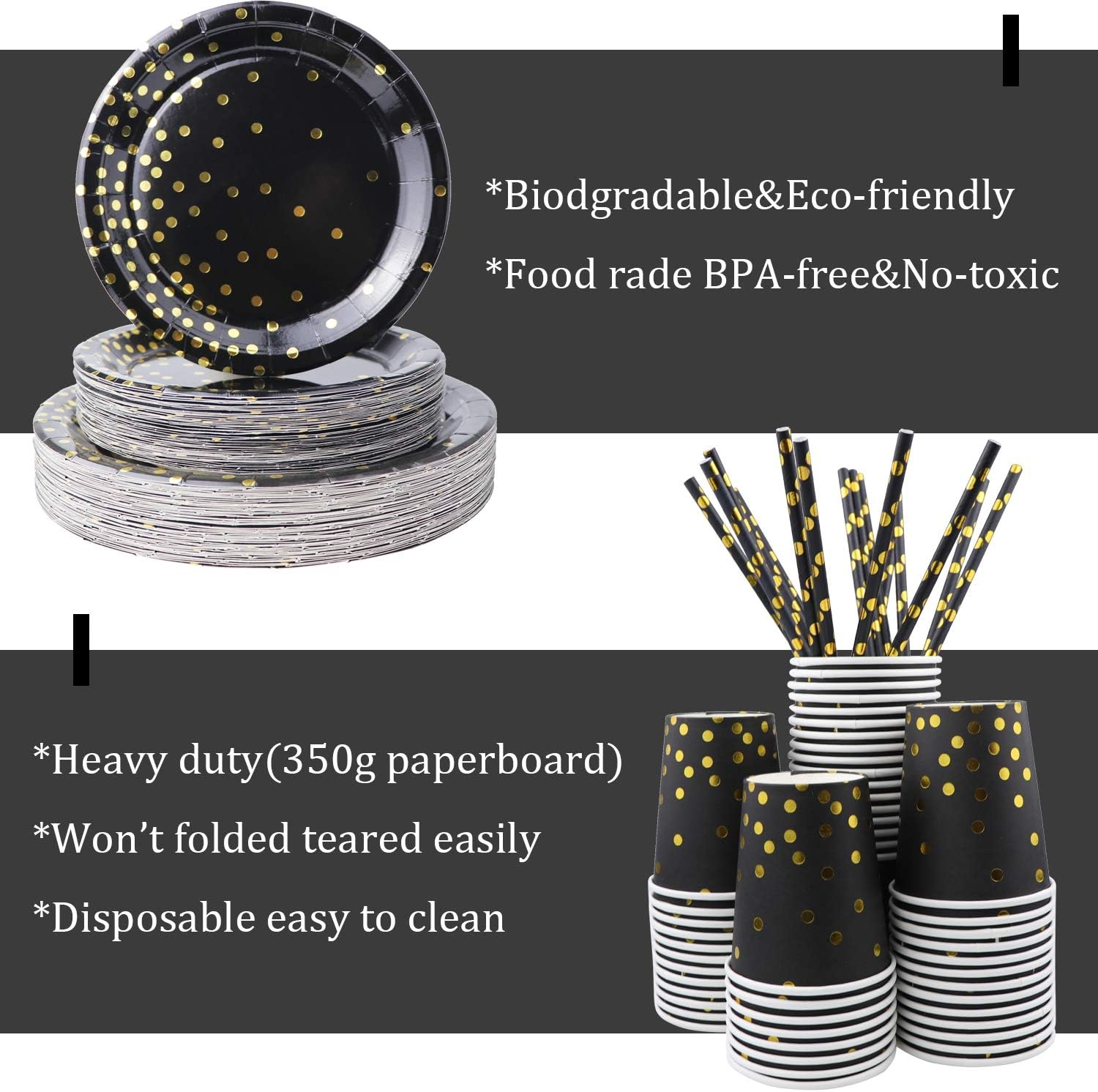 310PCS Black and Gold Party Supplies - Disposable Paper Plates Dinnerware Set Rose Gold Dots 50 Dinner Plates 50 Dessert Plates 50 Cups 50 Napkins 50 Straws 60 Balloons Birthday Party Wedding Holiday image number 5