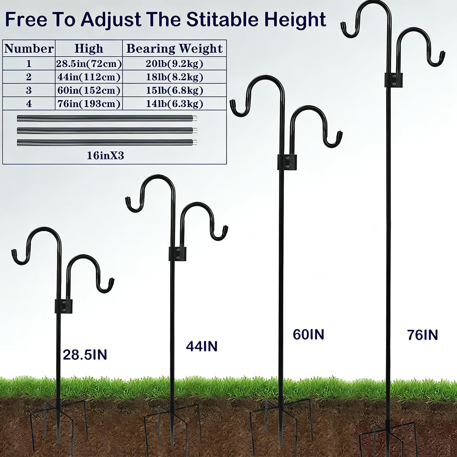 Double Shepherds Hooks for Outdoor, Adjustable Bird Feeder Pole 72 to 193Cm with 5-Prong Base, Heavy Duty Garden Shepards Hooks for Outdoor Plant Hanger, Wedding Decoration, Bird Feeder (76) image number 1