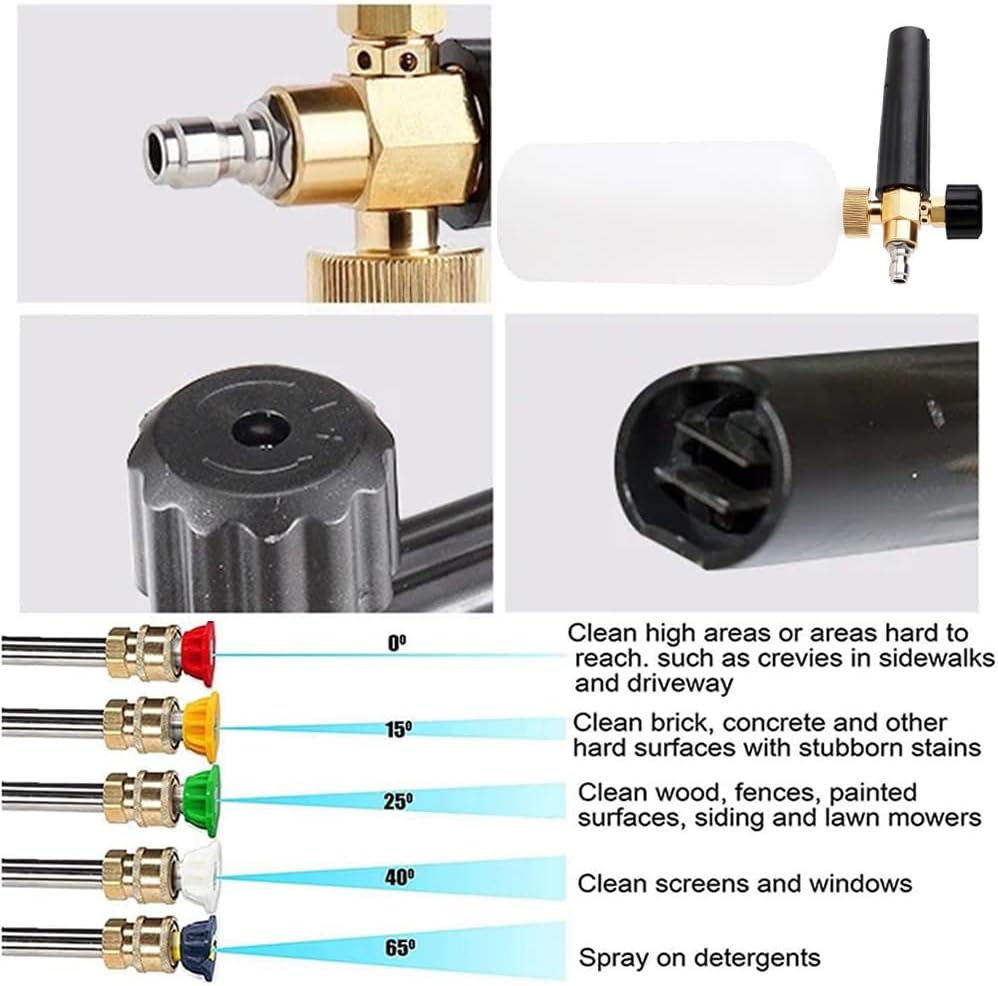 High Pressure Washer Gun and Foam Spray Gun Kit with 1/4&rdquo; Standard Quick Connector, M22 14 Mm Fitting Hose Connector with 5 Nozzle Heads at Different Angles for Car Floor Deck Windows Cleaning image number 3