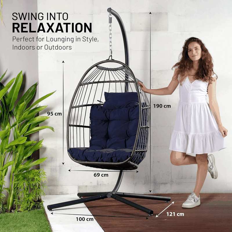 Serenelife Hanging Egg Chair with Stand - up to 250 Kg of Capacity - Beautiful Swinging Basket Chair with Base Made from Wicker Rattan and Powder-Coated Steel Frame - Egg Swing Chair with Stand