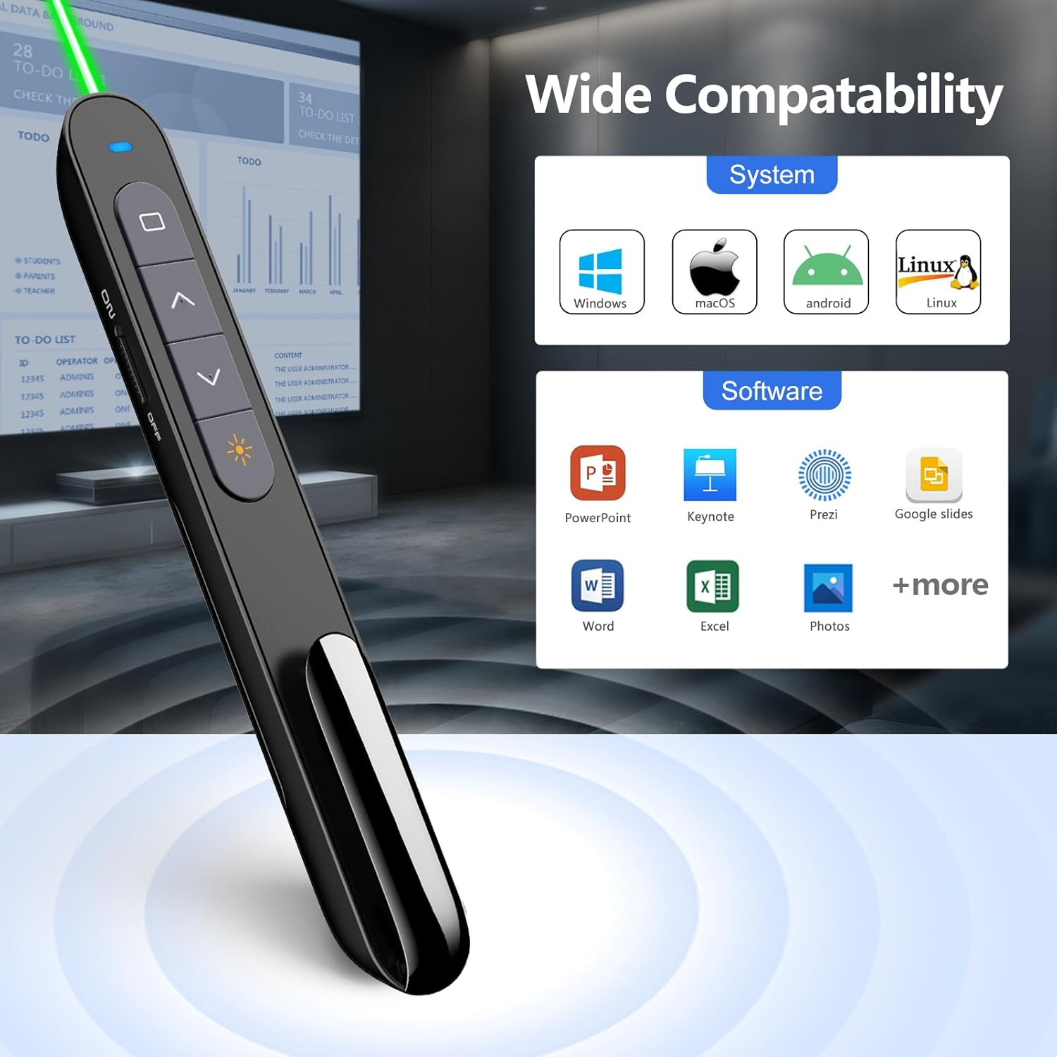 KNORVAY N76GBK Wireless Presenter with Green Light, 360Mah Rechargeable Hyperlink Volume Control USB Powerpoint Clicker Presentation Remote Control Laser Pointer 2.4Ghz image number 2