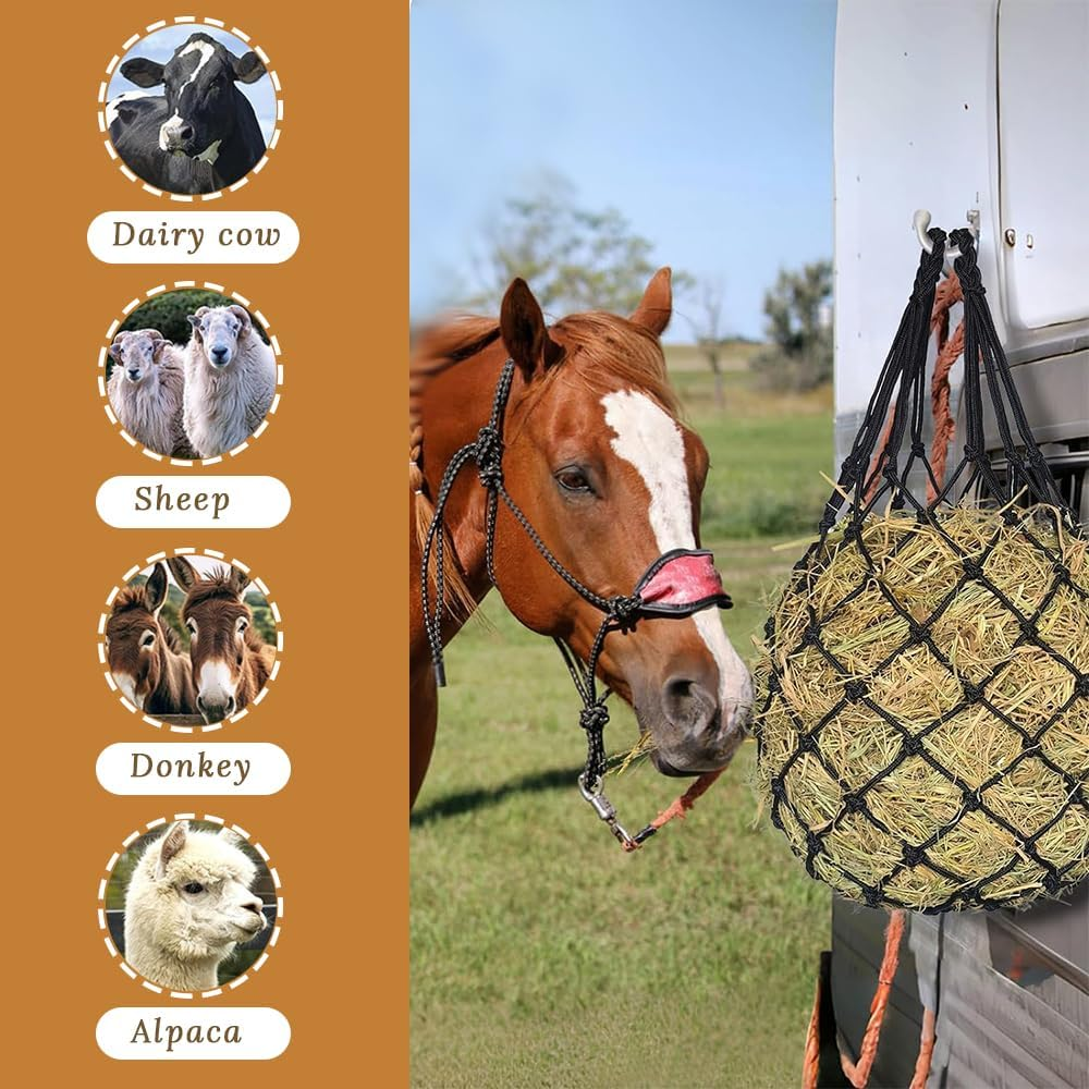 2 Pack Horse Hay Net, Slow Feed Hay Net Bag, Hanging Horse Feeding Bag, Suitable for Horse, Cattle, Sheep, Donkey Feeder, Strong Load-Bearing Capacity (Black) image number 2