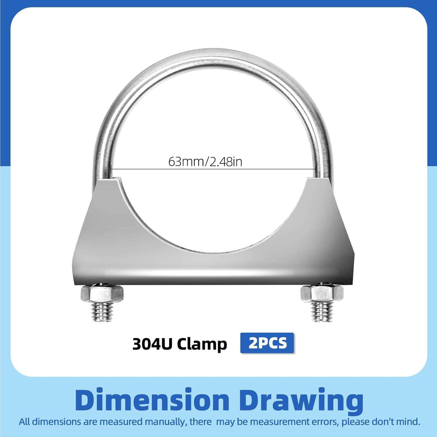 Glarks 2Pcs 304 Stainless Steel Exhaust U-Clamps 63MM (2-1/2In) Muffler Exhaust Clamps U-Bolt Clamps Design with Saddle Flange for Exhaust Tail Pipe image number 3