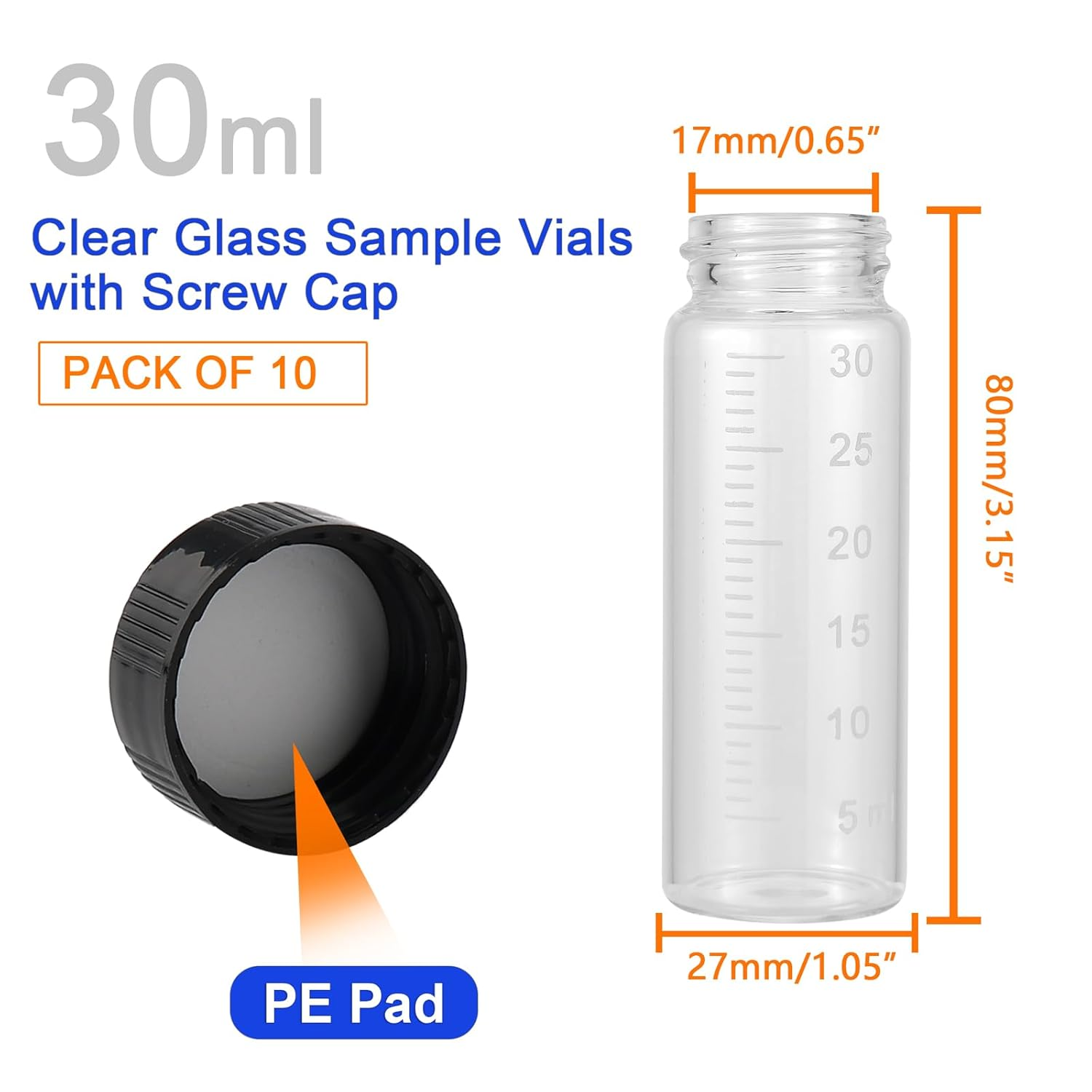 Kesell 10 Pack 30Ml (1 Oz) Glass Sample Vial Clear Graduated Measuring Bottles Empty Reusable Liquid Vials with Plastic Screw Cap and 10 Funnels