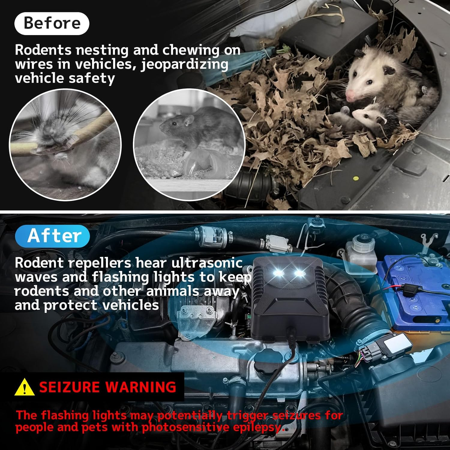 Car Rodent Repeller under the Hood, 2 Pack Battery Powered Plug-In Mouse Repellent with Strobe Light, Smart Detection Keeps Mice Away from Car Engines, Indoors, Outdoors image number 4