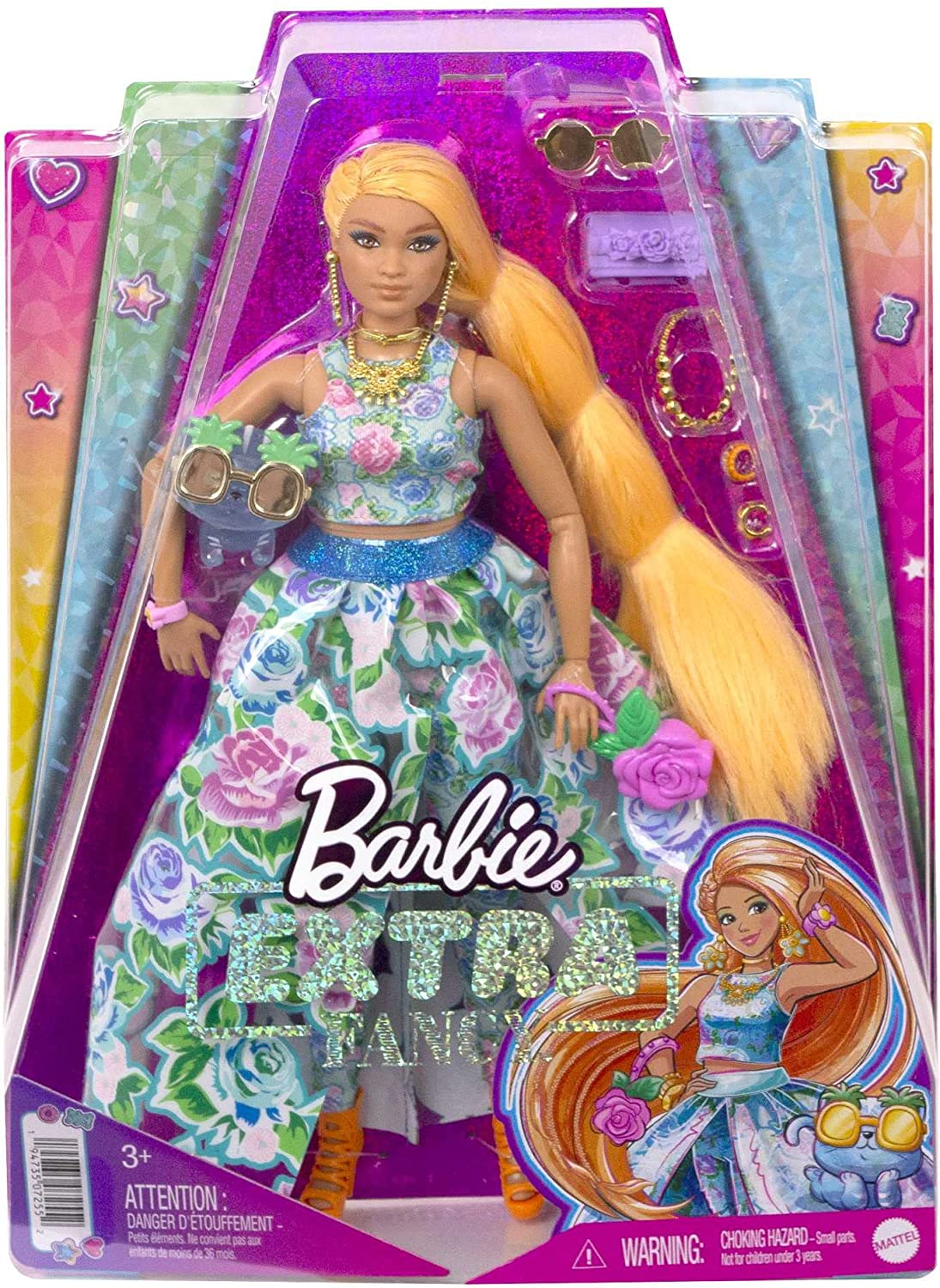 Barbie Extra Fancy Fashion Doll & Accessories with Curvy Shape & Orange Hair in Floral 2-Piece Gown with Pet Kitten image number 6