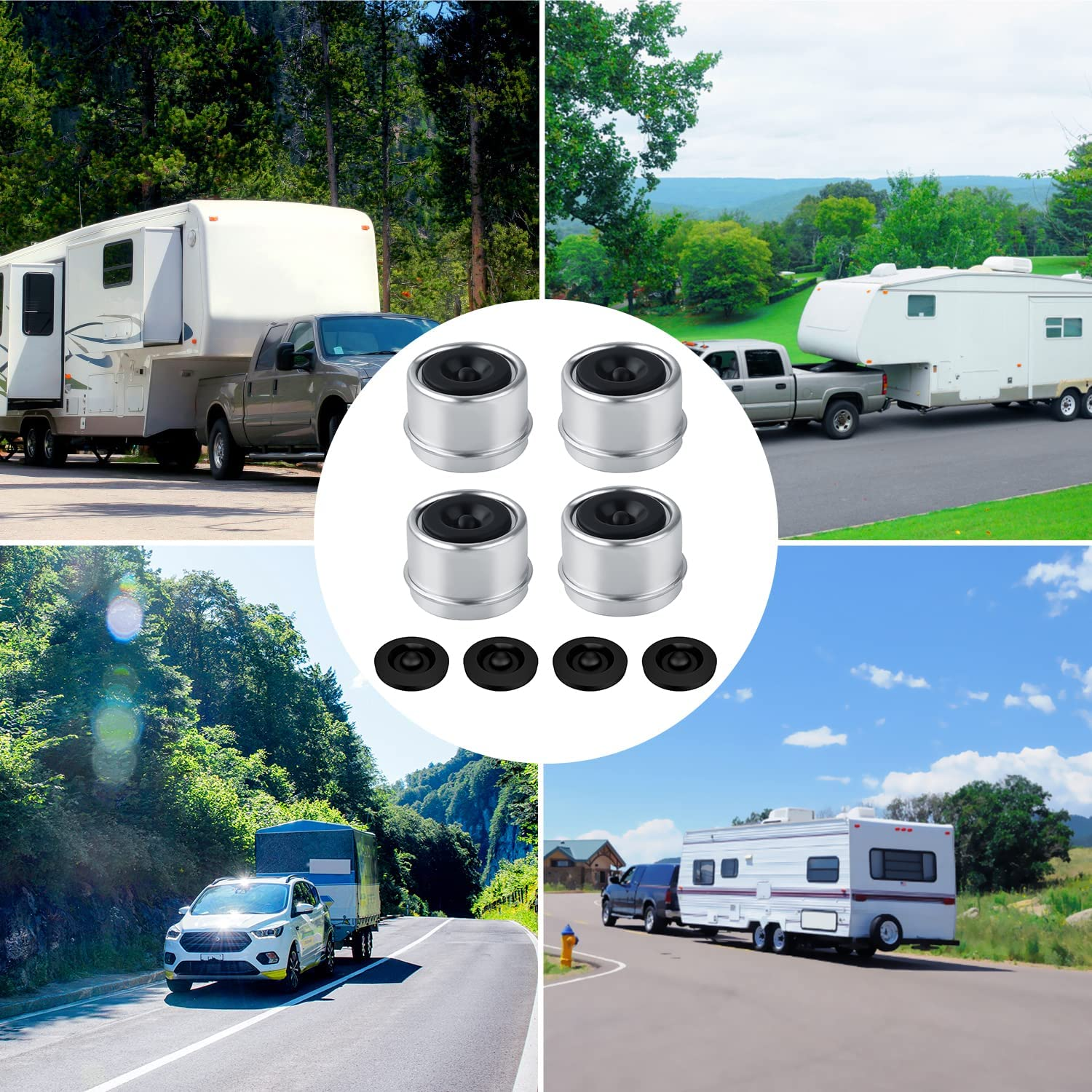 TOYMIS 4 Set Trailer Hub Cap and Bearing Grease Plugs, 1.98" Bearing Caps for Most 2000 to 3500 Pound Axles Dexter, Hub Dust Caps with 4Pcs Extra Rubber Grease Plugs image number 4