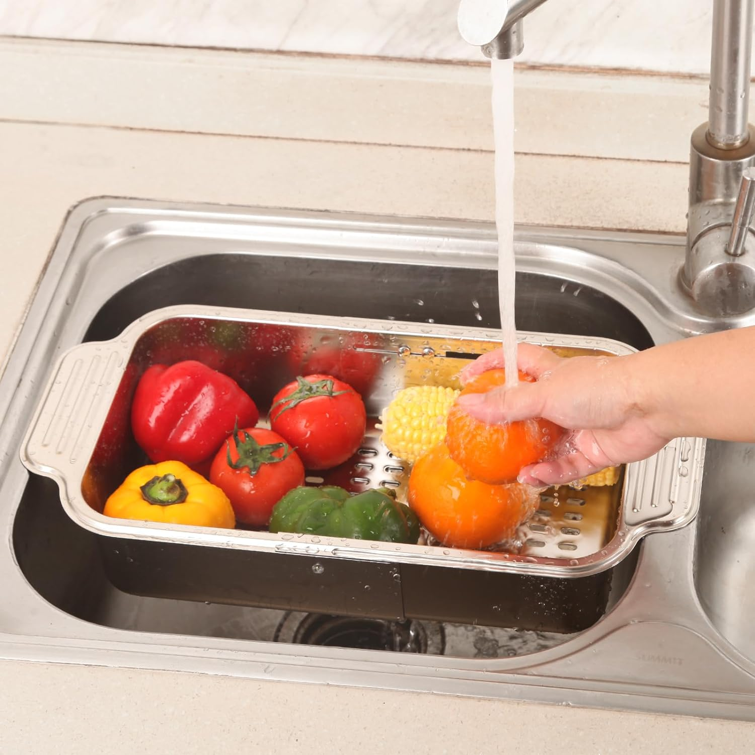 Over the Sink Colander Strainer Basket,Extendable Colander-Stainless Steel,Suitable for Wash Vegetables and Fruits, Drain Cooked Pasta and Dry Dishes, New Home Kitchen Essentials, Large image number 5