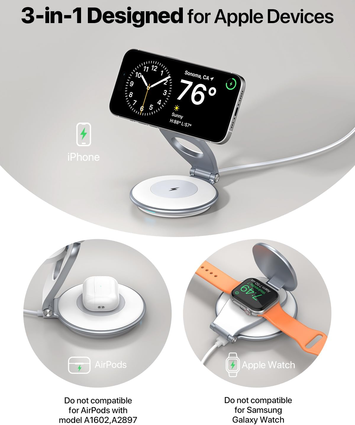 EXW 3 in 1 Wireless Charger for Apple, Wireless Charging Station for Bedside, 15W Phone Charger Stand with 30W Adapter for Iphone 17/16/15/14/13/12 Series, Airpods and Apple Watch Charge (White) image number 5