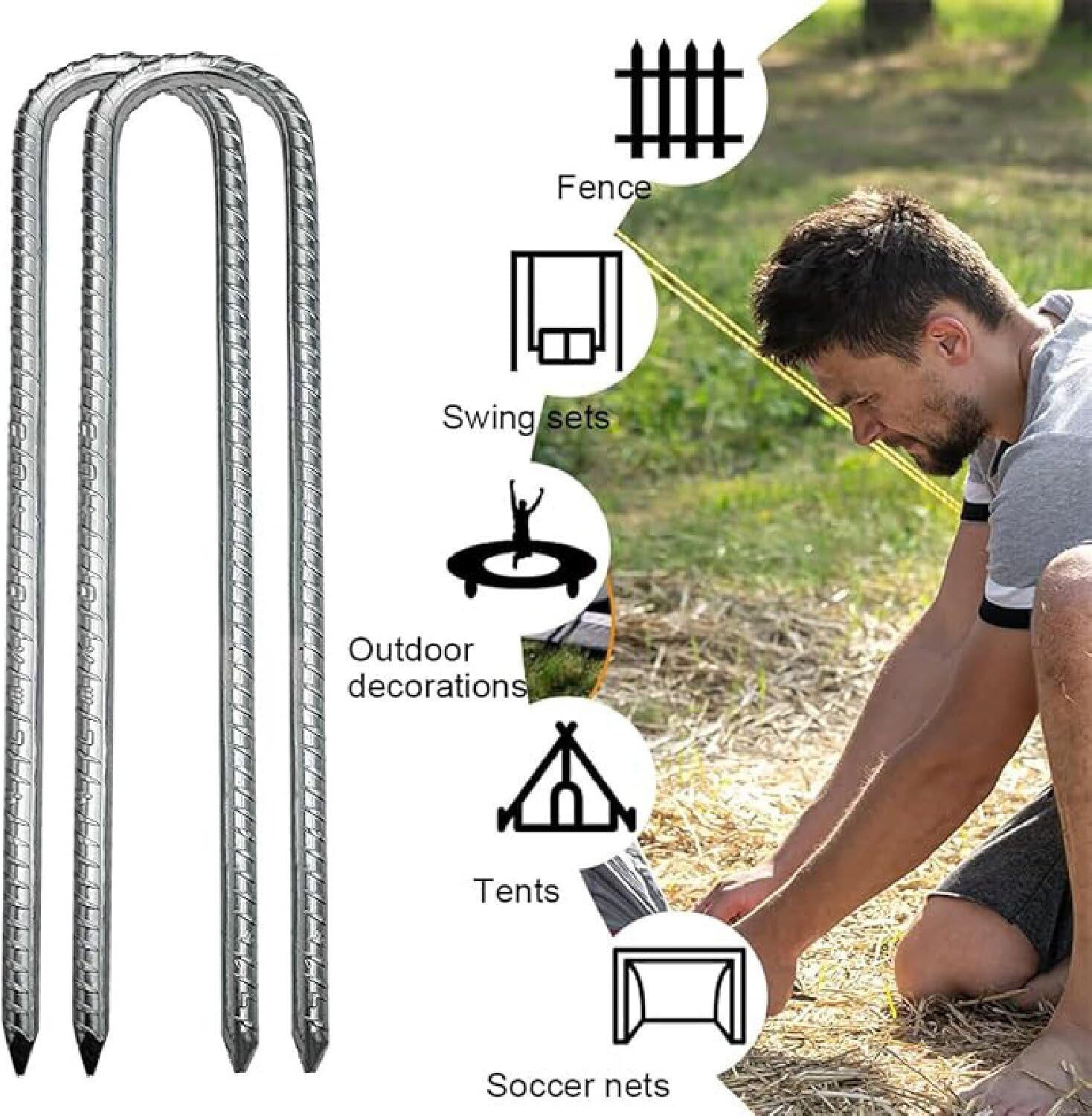 6Pcs 12 in Rebar Ground Tent Stakes, Heavy Duty Galvanised Ground Anchor, U-Shaped Tent Pegs, Nails, Building Anchor, Metal Fence Stakes for Canopies Shed Swing Trampoline image number 2
