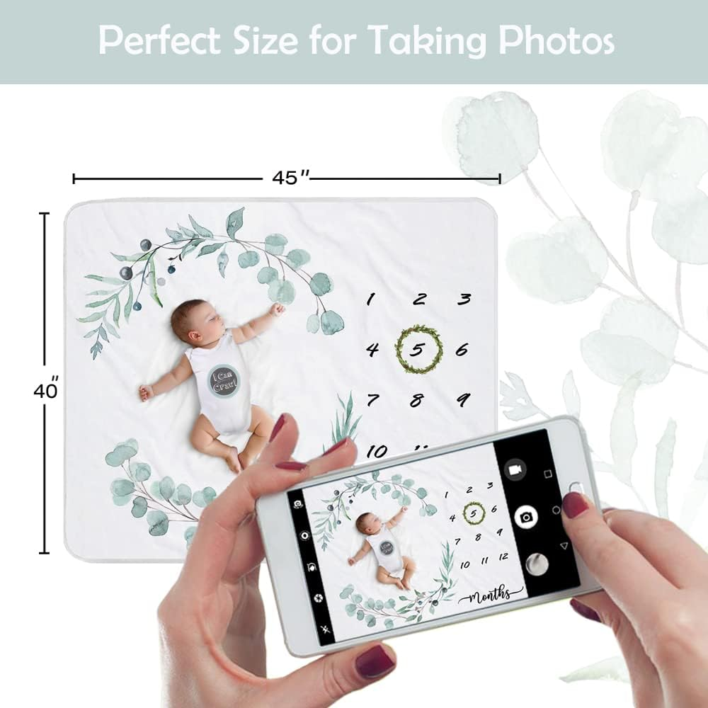 Baby Milestone Blanket for Boys & Girls | Soft Monthly Picture Blanket for Newborn | Eucalyptus Nursery Decor | Photo Prop Blankets Gender Neutral 45"X40"