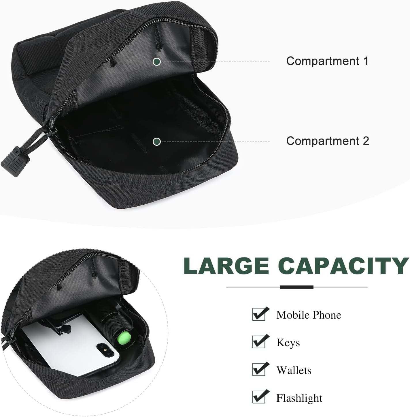 2 Pcs Tactical Molle Pouch, Multi-Function Portable EDC Gadget Waist Bag Small Tactical Belt Bag for Camping Hiking Trekking, Black, Classic image number 2