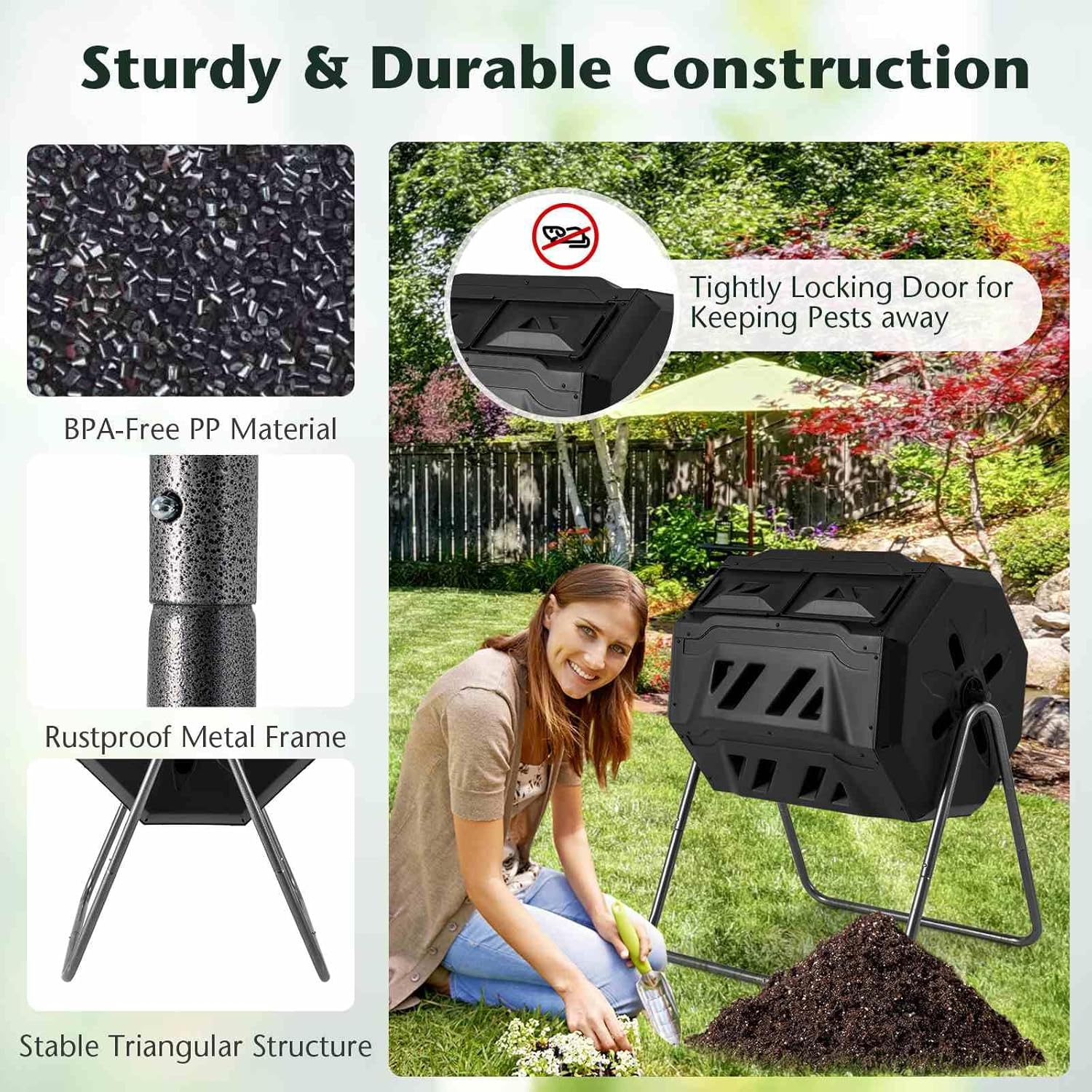 Costway Outdoor Tumbling Composter, 160 L Portable Garden Compost Bin W/Dual Chamber, 2 Sliding Doors & Solid Steel Frame for Gardens &Courtyards, Phillips Screwdriver & Garden Gloves Included image number 1