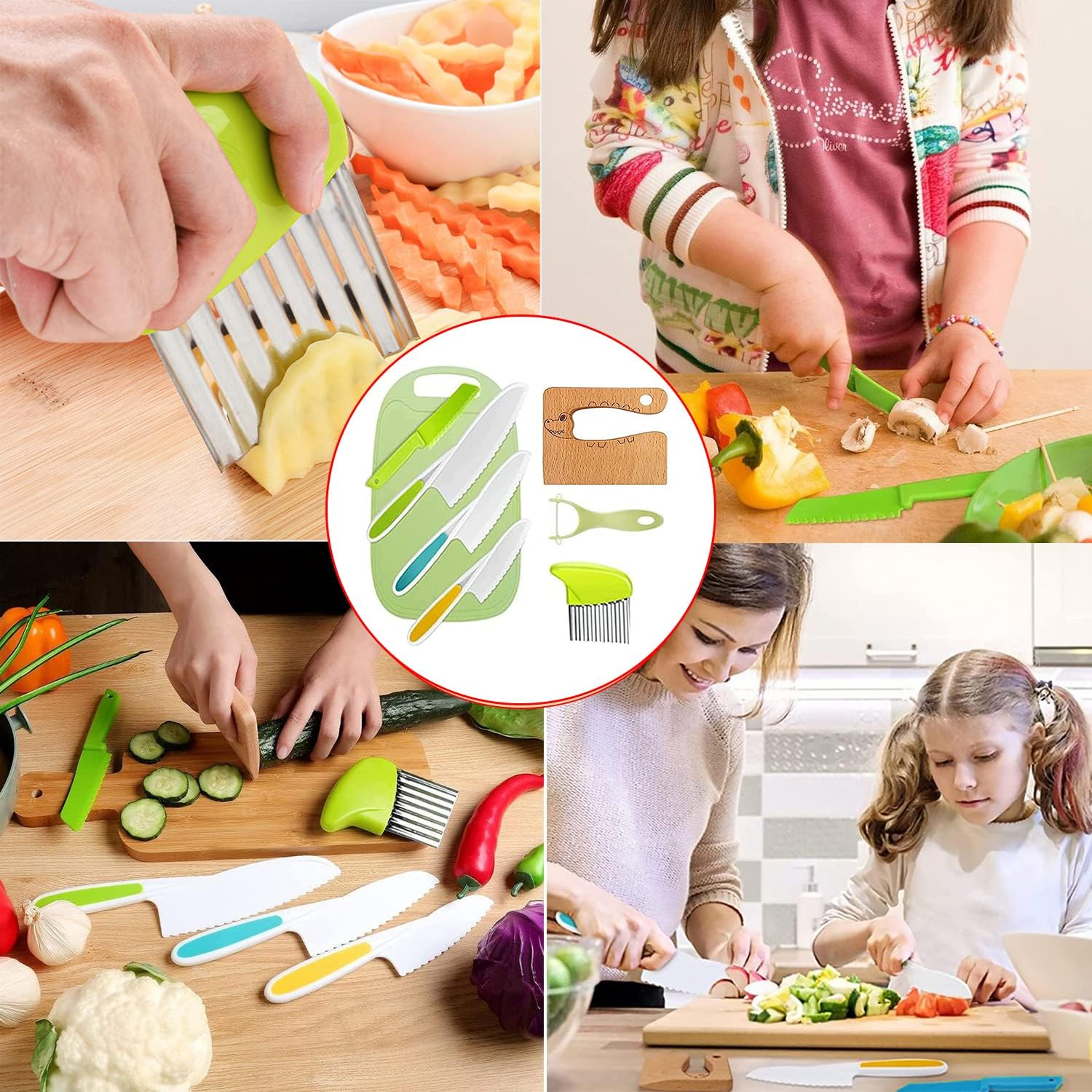 Kids Cooking Cutter Set, 8 Pcs Knife Set, Safe Knives, Wooden Kitchen Knife, Toddler Kitchen Tools for Montessori Chopper Cutting Fruit Vegetable