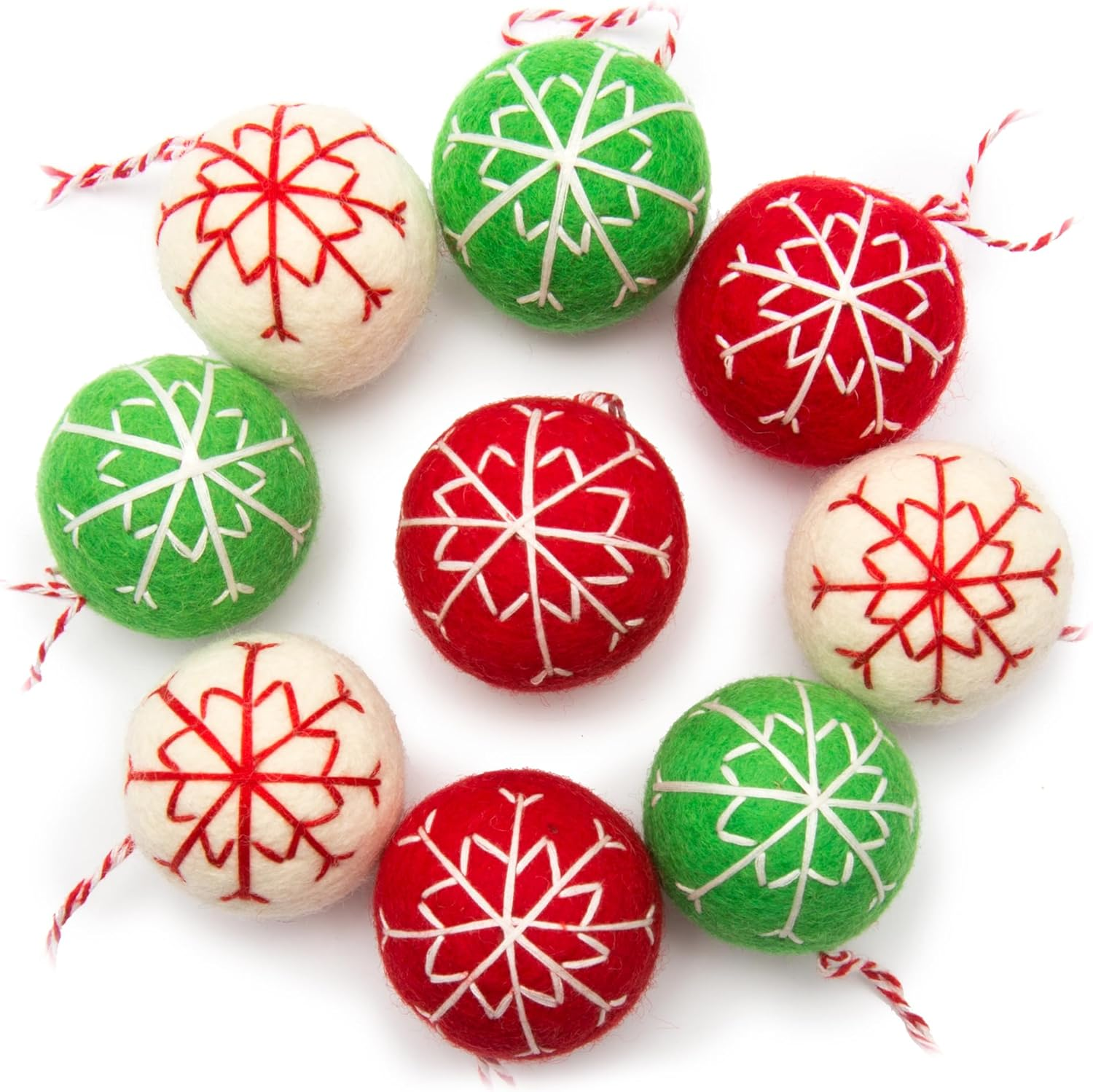 Glaciart One Felt Balls Snowflake Ornaments (9 Pieces) 2 Inch (5 Cm), 100% New Zealand Wool, 3 Colors Hand-Felted in Nepal - Christmas Party Banner Decoration - Scandinavian Wool Snowflake