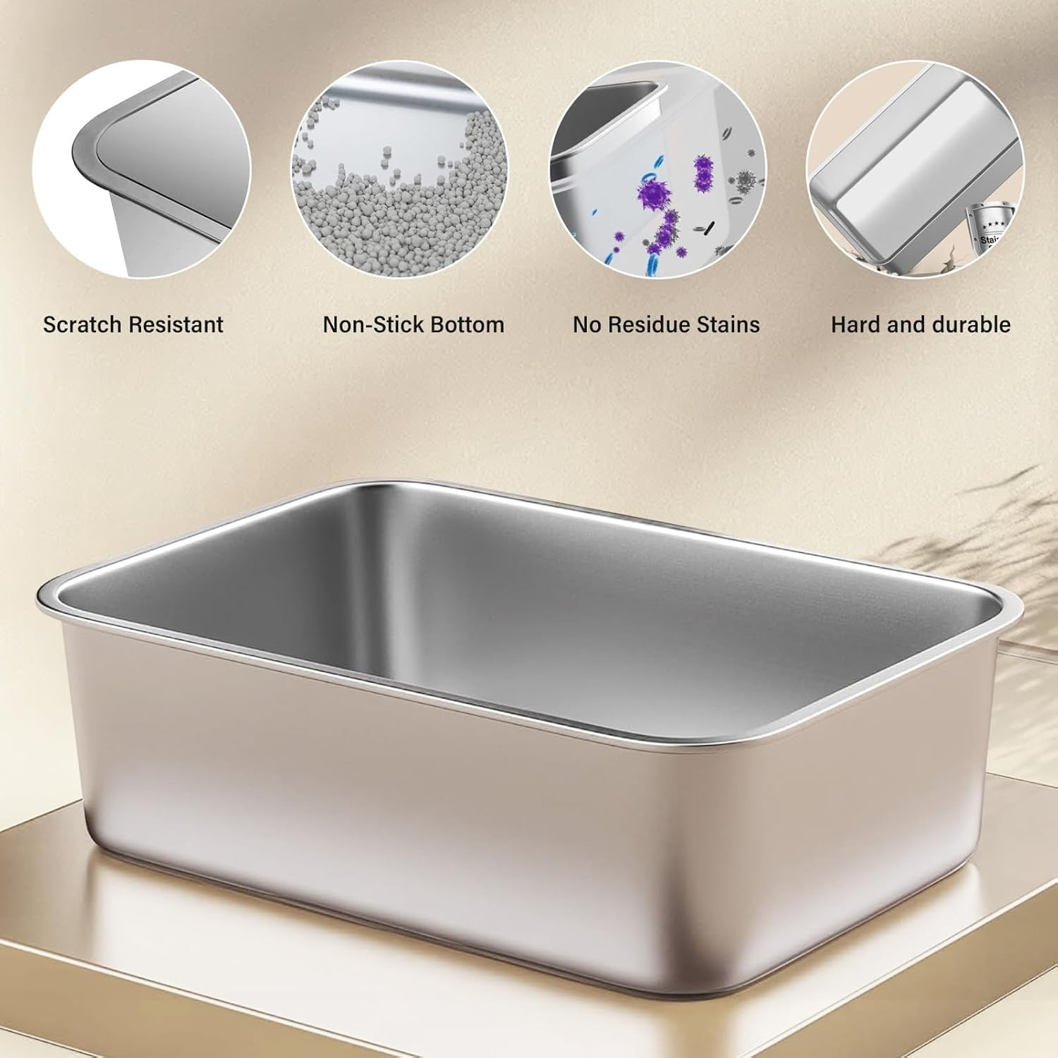 Stainless Steel Cat Litter Box, 50L X 35W X 15H CM for Kitty Large or Small Cat, Animals Potty Toilet, Non-Sticky, Easy to Clean, Anti-Urine Leakage image number 5