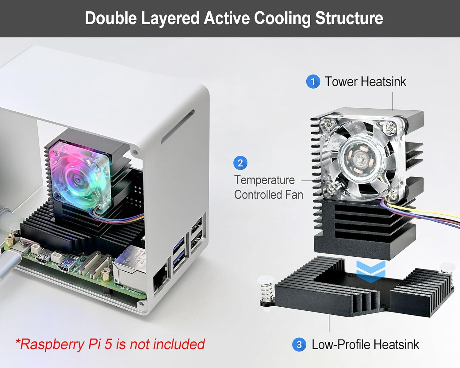 Electrocookie Raspberry Pi 5 Case, Aluminum Mini Tower Case with Cooling Fan and Color Changing Ambient Light (Silver) image number 2