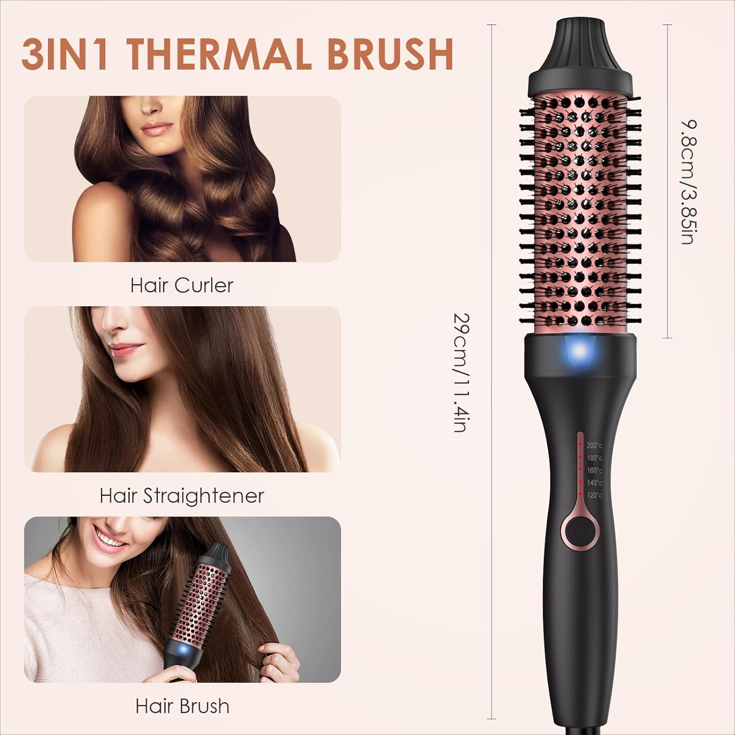Thermal Brush 3 in 1, Thermal Brush, Thermal Brush 38 Mm Ionic Curling Brush Heats to Create Natural Curls, Increase Hair Volume, round Brush Heat Brush