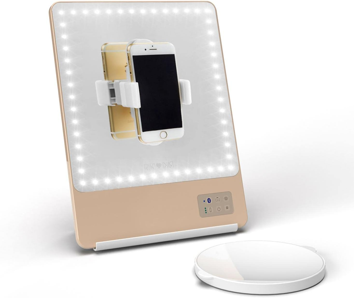 Riki Skinny Smart Vanity Mirror with HD Leds, Magnifying Mirror Attachment, Phone Holder and Bluetooth Control (5X Magnification, Champagne Gold)