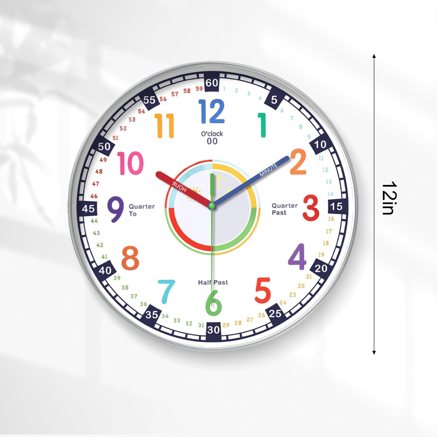 12 Inch Silent Wall Clocks, Kids Wall Clock for Bedroom, Non-Ticking Silent Clock, Quartz Classic Decor Clock, Large round Clock for Boys and Girls Classroom Home Decor (Silver) image number 2