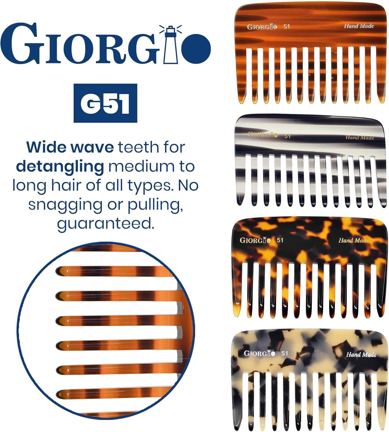 GIORGIO G51 3 3/4" Small Travel Purse Hair Detangling Comb, Wide Teeth, Tortoiseshell, Cellulose Acetate, Unisex Adult, Women, Men, Girls, Boys with Thick, Curly, Wavy Hair image number 3