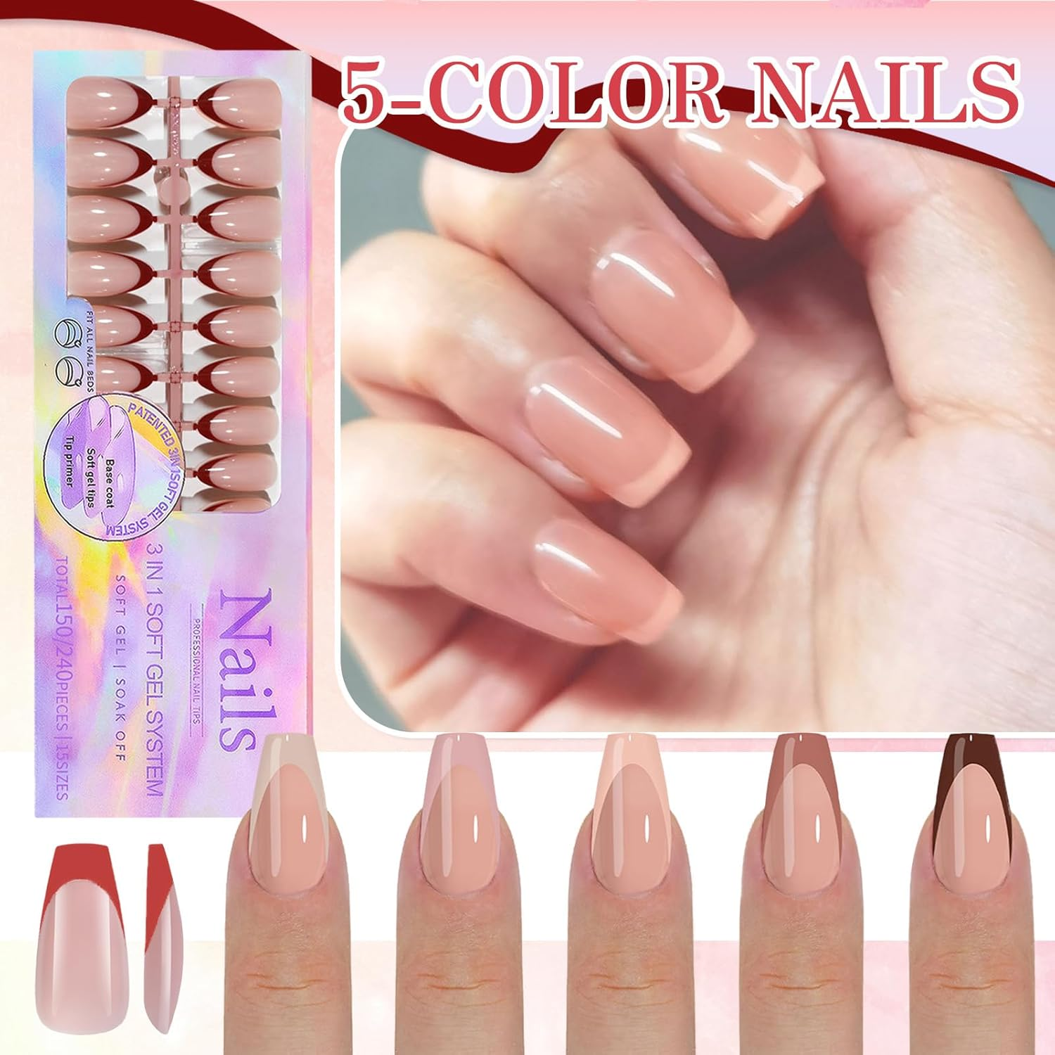 Ballerina Nail Tips Set, 300PCS Full Cover French Acrylic Nails, Soft Gel, Soak Off, 137G (Pack of 1), #031 image number 4