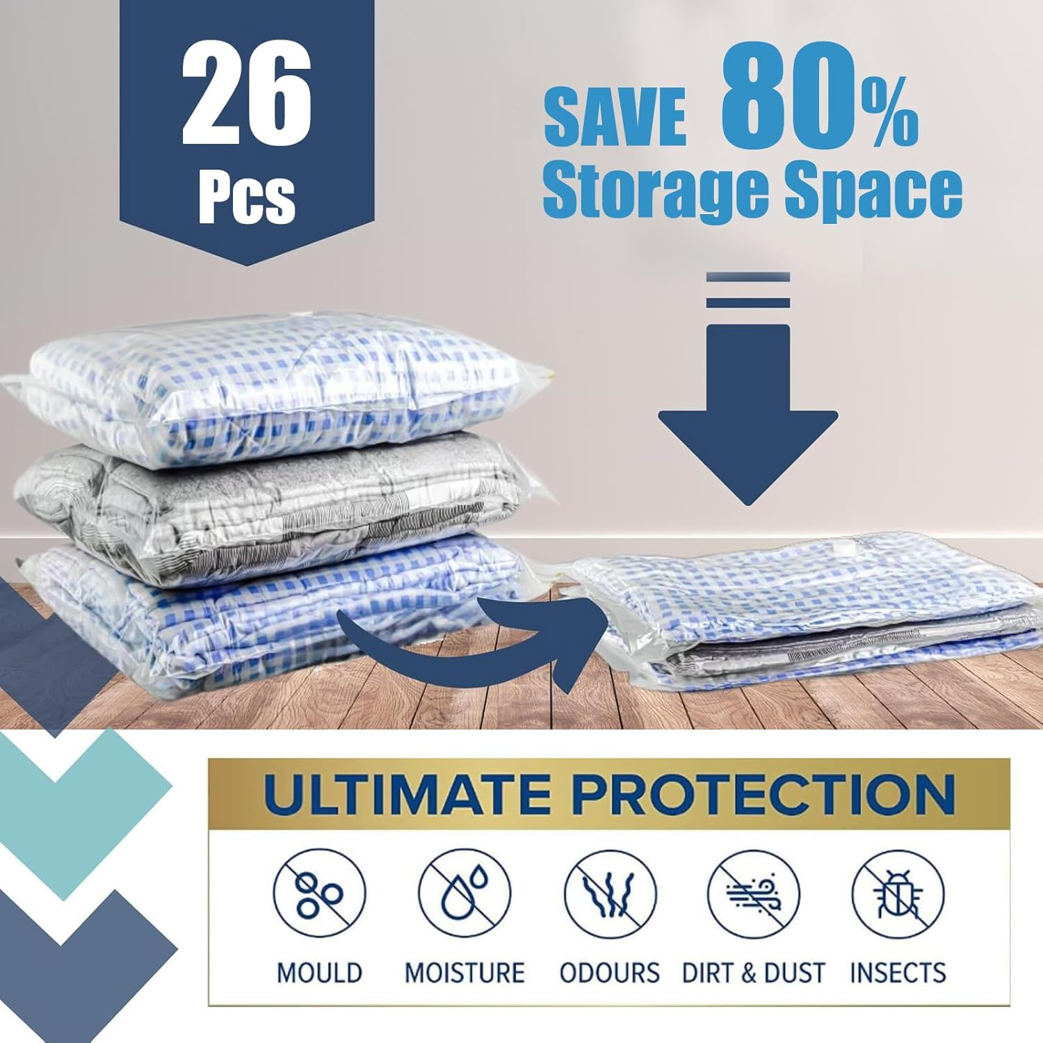 26 Combo Vacuum Storage Bags with Electric Pump,Travel Garment Bags(4 Jumbo, 4 Large, 6 Medium, 6 Small, 6 Roll),Travel Clothes Space Saver Bags,Bags for Clothes & Bedding image number 6