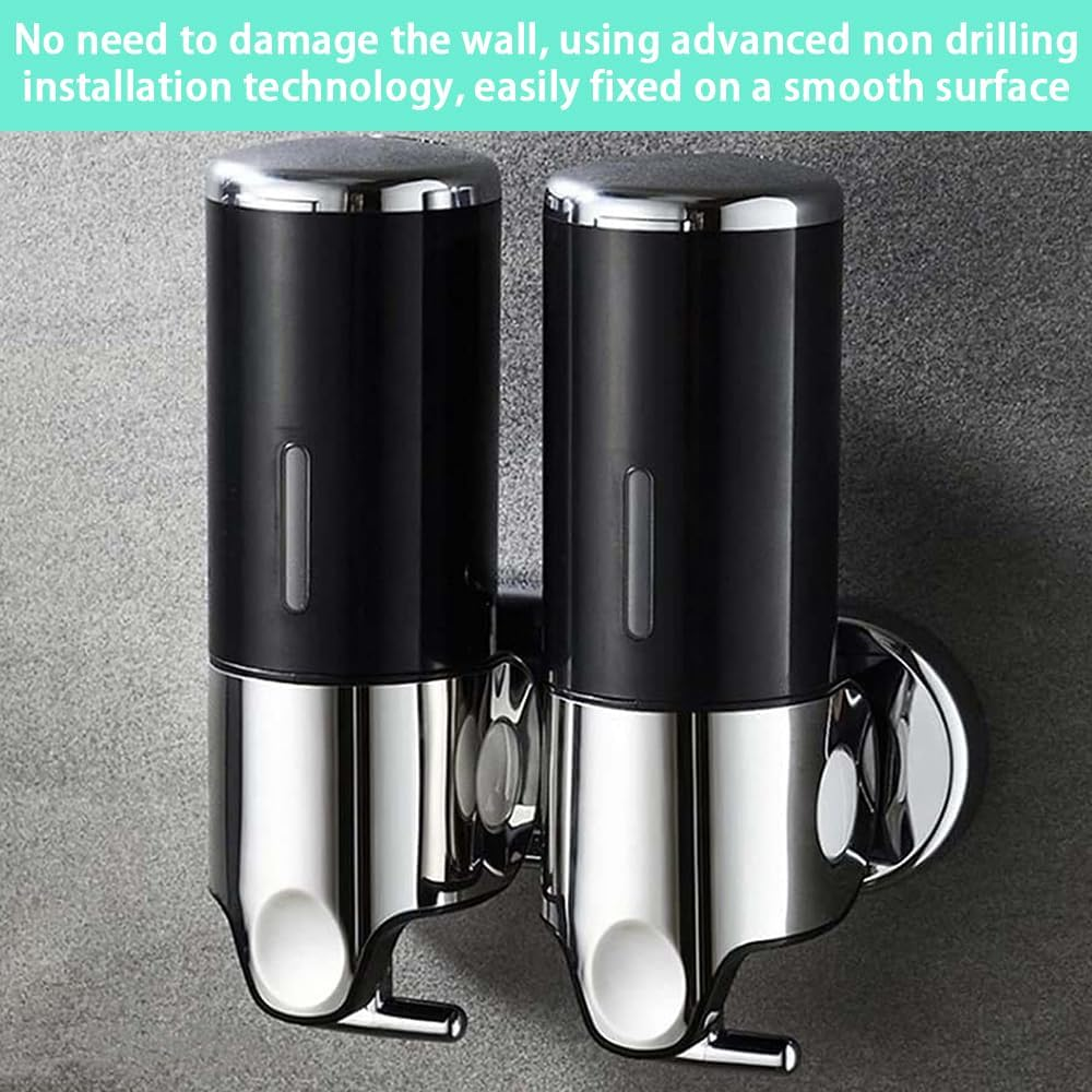 Wall Mounted Bathroom Shower Pump Dispenser, 2 Chamber Dispenser and Organizer-Holds Shampoo Soap Conditioner Shower Gel for Bathroom Kitchen Hotel (Black 2 Chamber) image number 4