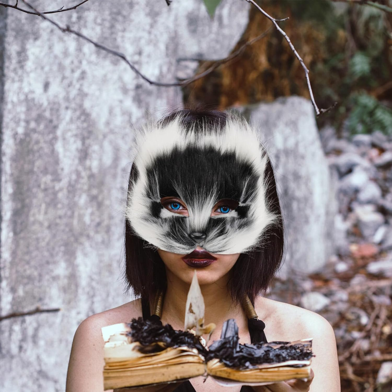 SAFIGLE 2025 Furry Fox Cat Mask Cat Mask Fox Mask Half Face Mask with Strap Realistic Stuff Animal Mask for Halloween Parties Festival Christmas image number 2