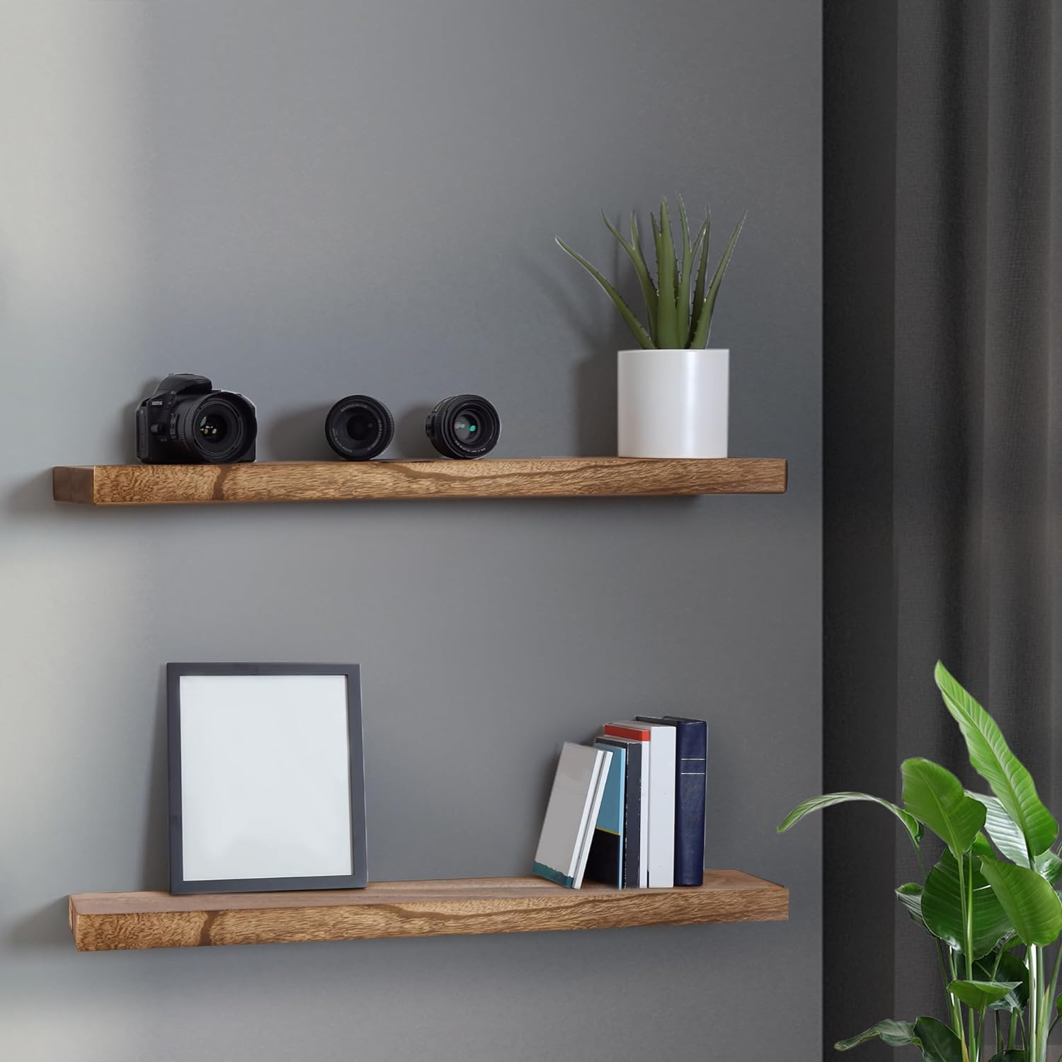 LEVEDE 2 Pcs Floating Shelves Wall Mounted Storage Solid Wood Display Shelf, 2 Small Wall Shelves for Bedroom Living Room Bathroom Kitchen Decor(90X 15 X 3.8Cm) image number 1