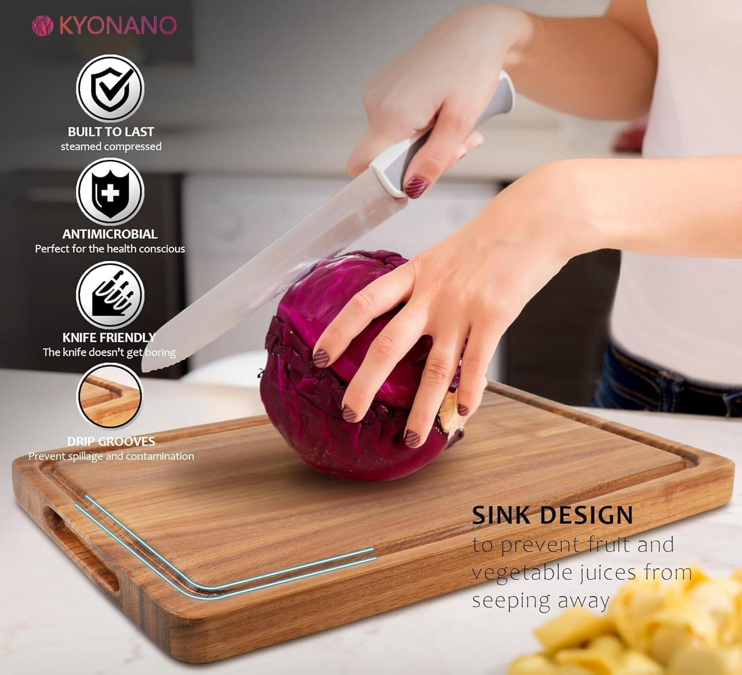 KYONANO Wooden Chopping Board, Large Rosewood Cutting Board for Kitchen, 38 X 25 X 2.5 CM Chopping Carving Board with Juice Groove Handle Hanging Hole, Butcher Block for Meat and Vegetables image number 6