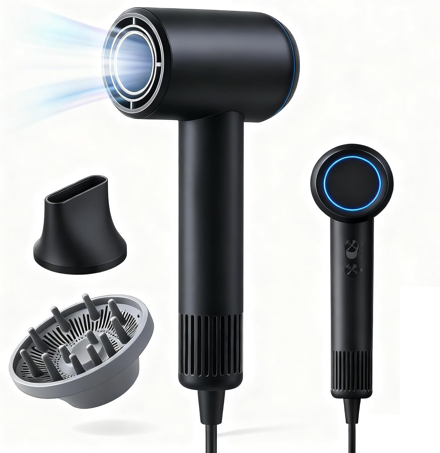 Hair Dryer,15000 RPM High Speed Brushless Motor,Fast Drying,500 Million Negative Ionic Blow Dryer with Double Nozzle,Low Noise,Thermo Control,Lightweight,4 LED Ring,Professional Hairdryer for Home,Travel
